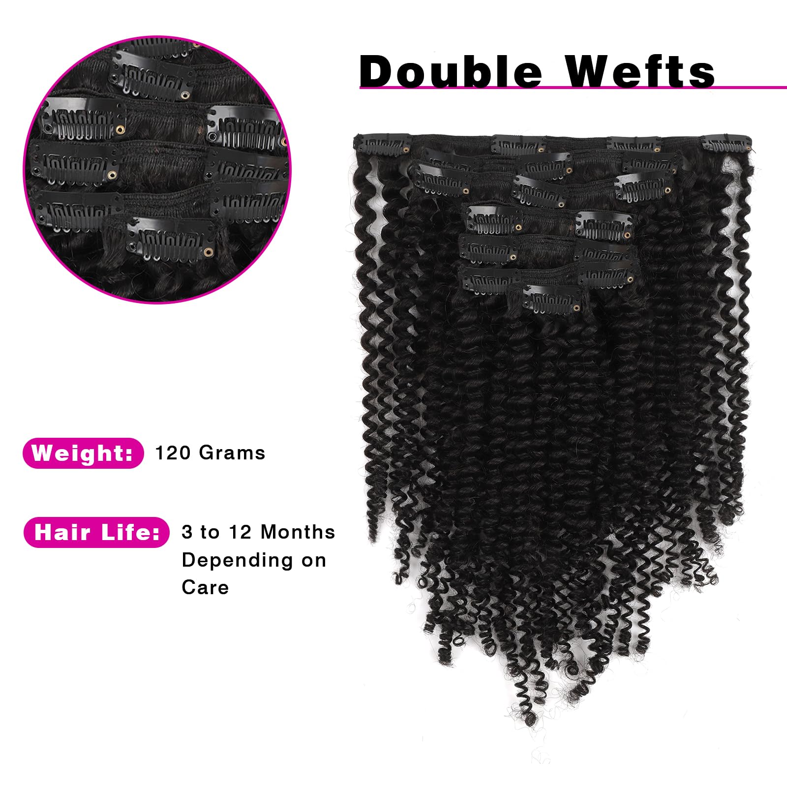 Brazilian Virgin Human Hair Extensions 3B/3C Kinky Curly Clip-Ins - 7-Piece Double Weft Set (120g, 20 Inch) for Natural Black Hair | Perfect for Daily Styling, Volume Boost & Special Occasions