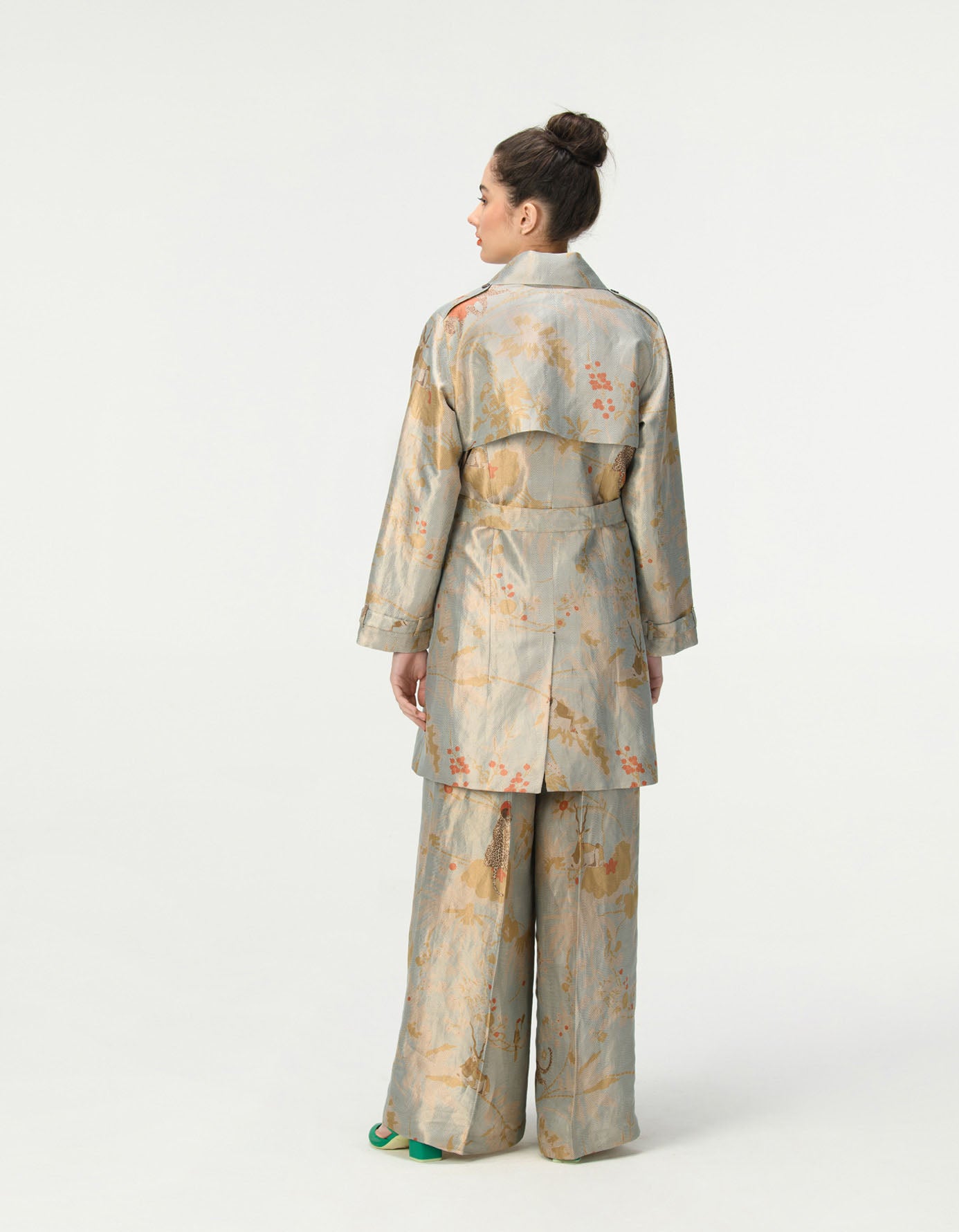 Elegant Ice Blue Silk Brocade Trench Coat - Vintage Inspired Women's Outerwear for Formal Events & Evening Occasions