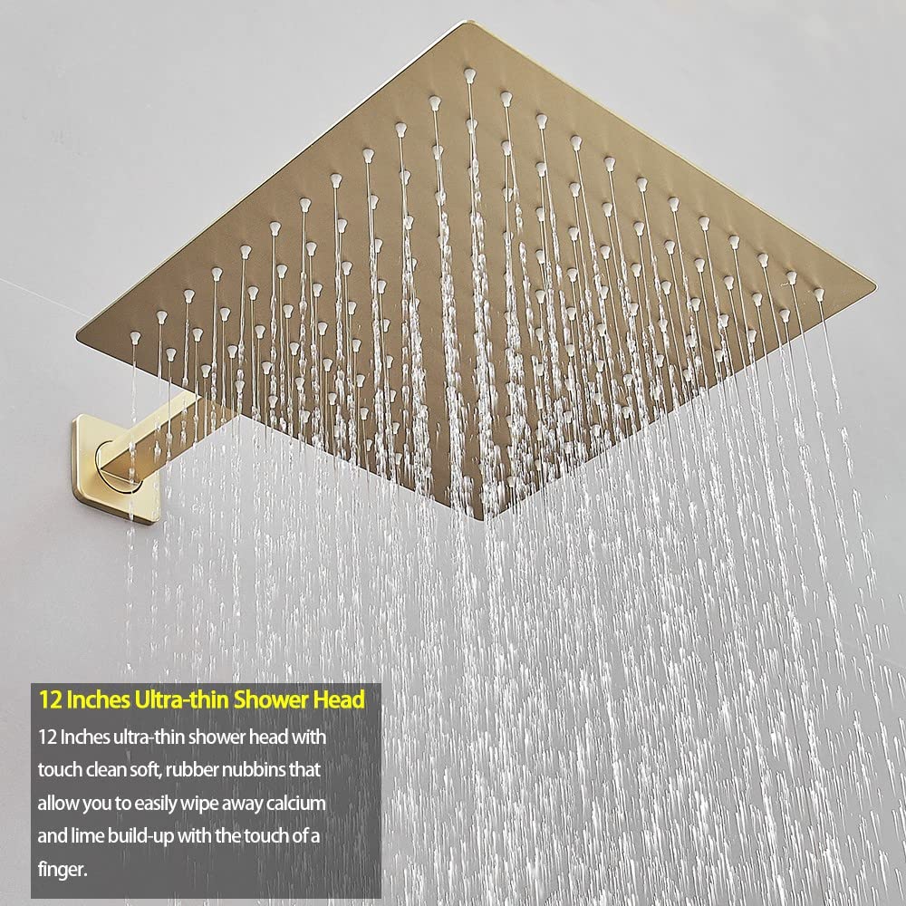 Luxury Brushed Gold Shower System - 12 Inch Rainfall Shower Head with Handheld Combo, High Pressure Wall Mounted Shower Faucet Set with Valve & Trim | Perfect for Modern Bathrooms & Spa-Like Experience