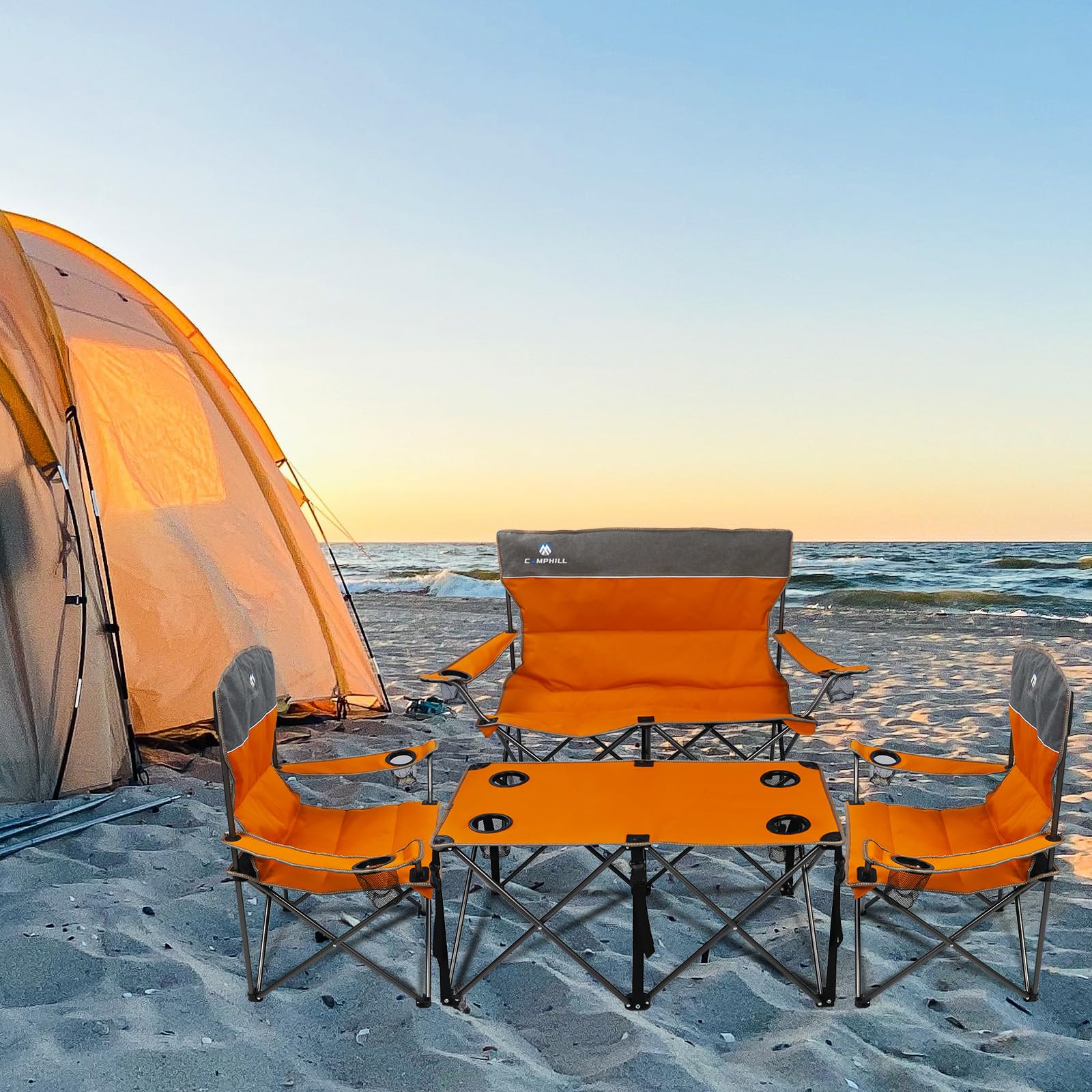 Camping Chair Set of 4 - Heavy Duty Folding Outdoor Chairs with Table & Cup Holders | Portable Lawn Chairs for Camping, Backyard, Beach & Picnic | Includes 1 Sofa Chair + 2 Single Chairs + Camping Table