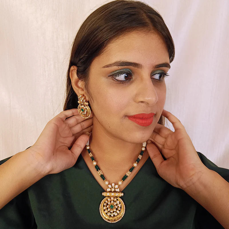 Luxury Gold Plated Royal Kundan Ruby Beads Pendant Necklace Set (D437) - Perfect for Weddings, Parties & Special Occasions