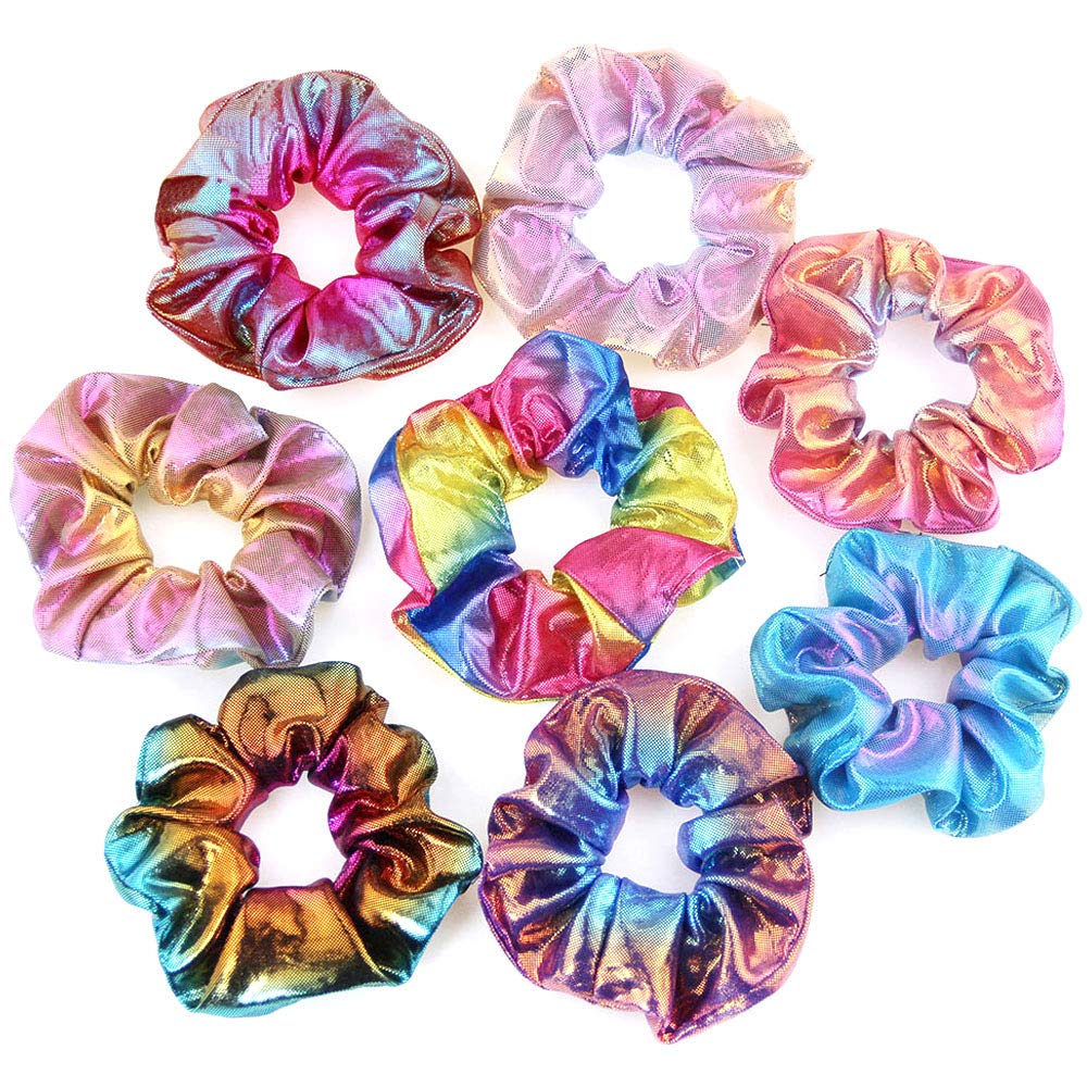 8 Pack Shiny Metallic Scrunchies - Elastic Hair Bands for Women & Girls - Ponytail Holders, Mermaid Hair Ties, Bow Elastics - Perfect for School, Work, Gym & Party Hair Accessories
