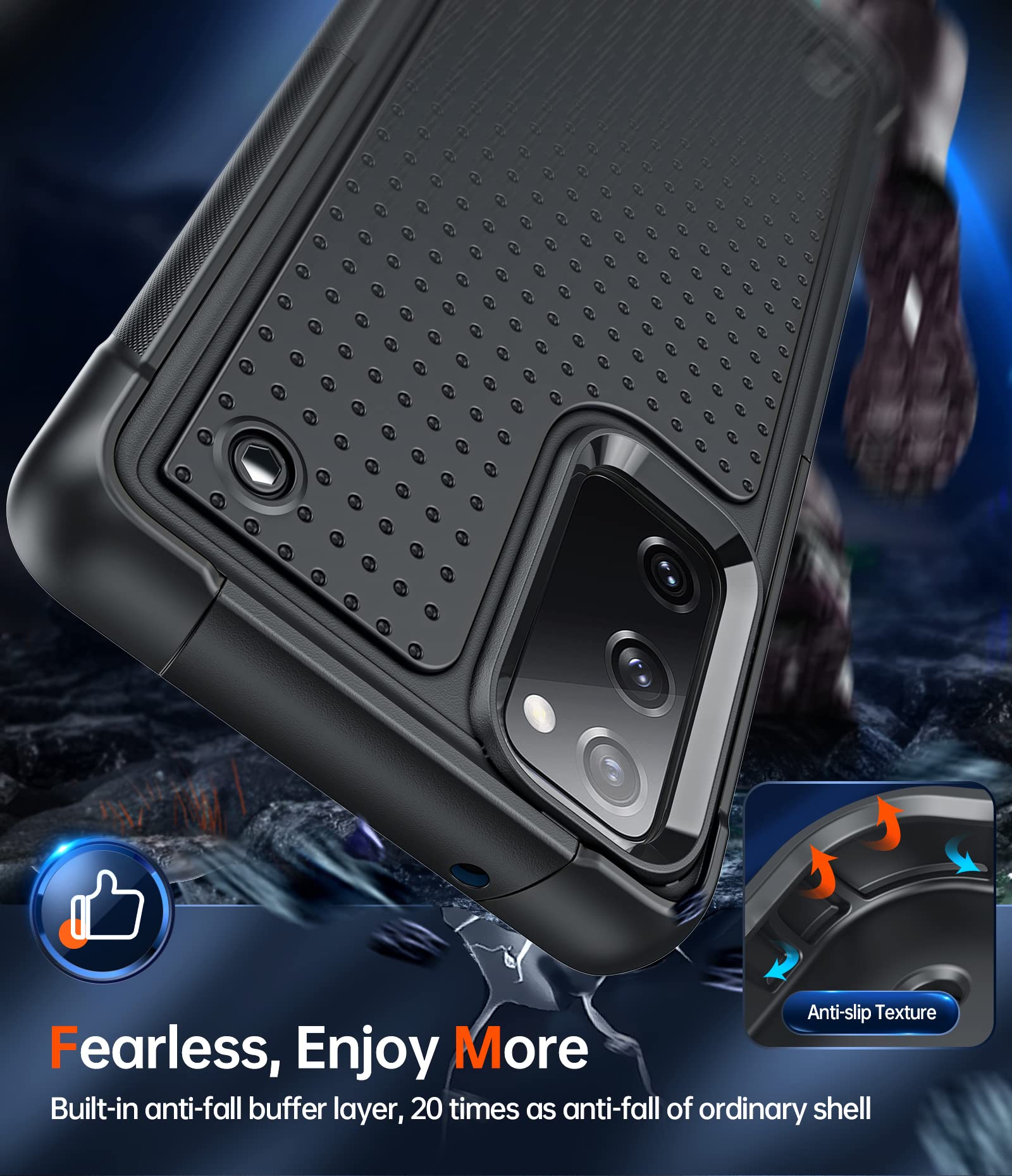 Shockproof Heavy Duty Dual Layer Phone Case for Samsung Galaxy S20 FE 5G - 2 Pack Screen Protectors Included | Hard PC Textured Back & Soft Bumper Cover | Perfect for Outdoor Activities, Work & Travel (Black)