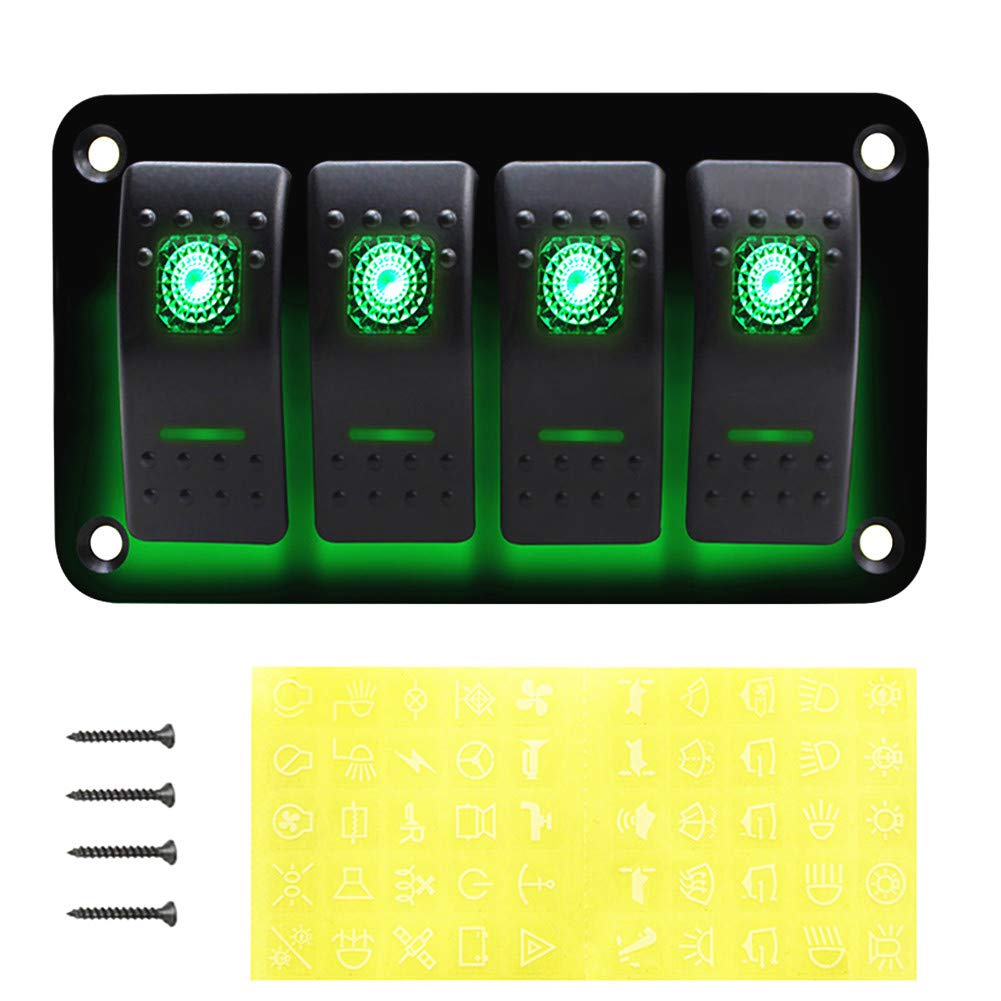 4 Gang Marine Rocker Switch Panel - Waterproof 12V Aluminum Toggle Switches with Green LED Lights for Boats, Cars, RVs & Trucks | Perfect for Dashboard Control & Electrical System Management