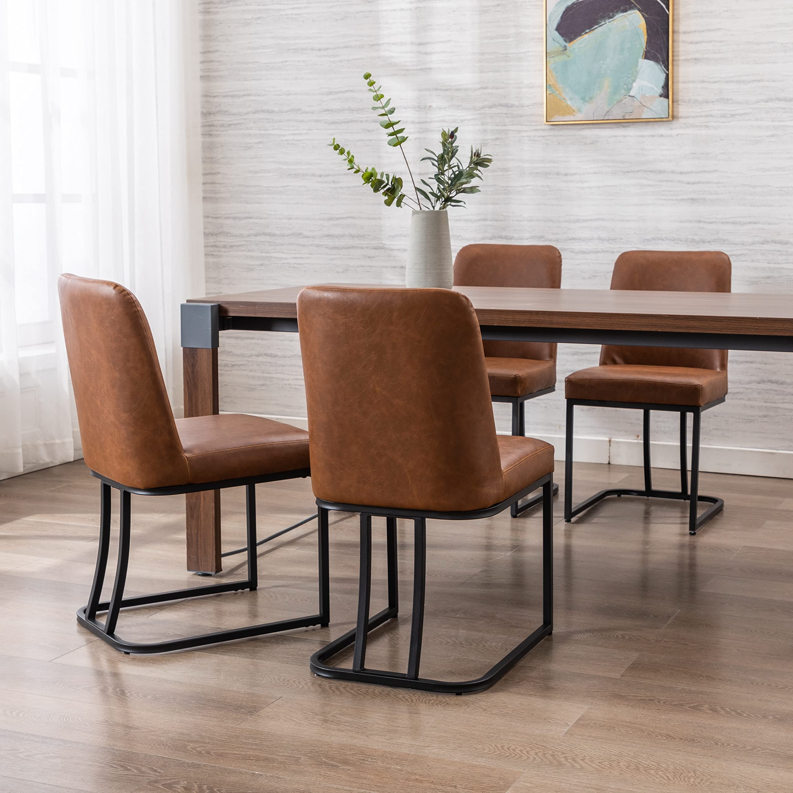 2-Piece Modern High Back Dining Chairs Set - Faux Leather Upholstered Armless Side Chairs for Dining Room & Living Room - Brown - Perfect for Small Spaces, Kitchen Nooks & Apartment Dining Areas
