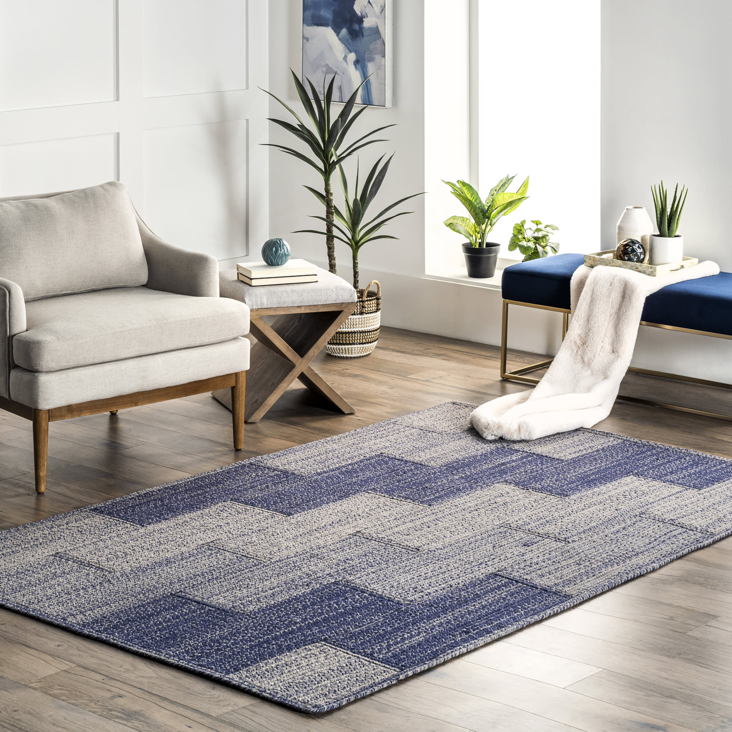 Dezzy Soft Wool Ladder Rug - Blue | Non-Slip Nordic Style Runner for Hallway, Bedroom & Living Room Decor