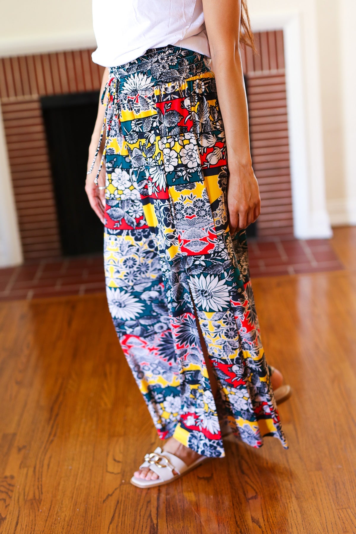 Vacay Vibes Teal Floral Smocked Waist Palazzo Pants with Side Slit - Boho Chic Beachwear for Women, Perfect for Vacation, Summer Outfits & Casual Wear
