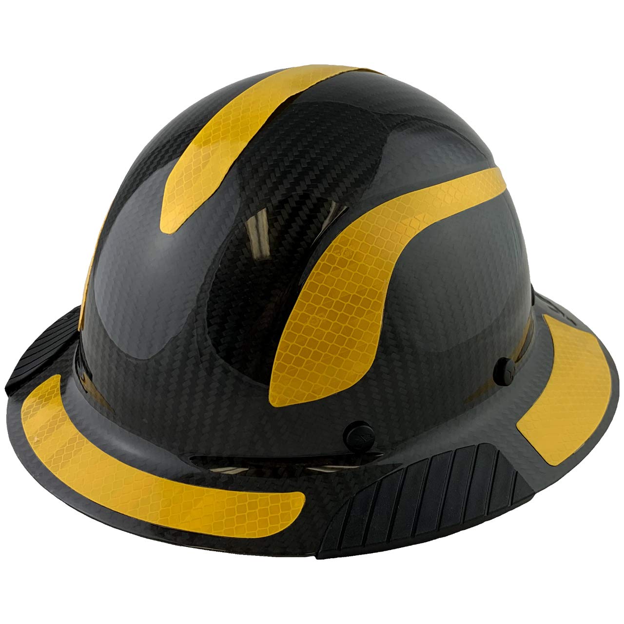 Premium Carbon Fiber Full Brim Safety Helmet - ANSI Certified Hard Hat with Reflective Decals - Glossy Black & Yellow for Construction, Industrial Work - Includes Durable Hard Hat Tote Bag for Easy Storage & Transport