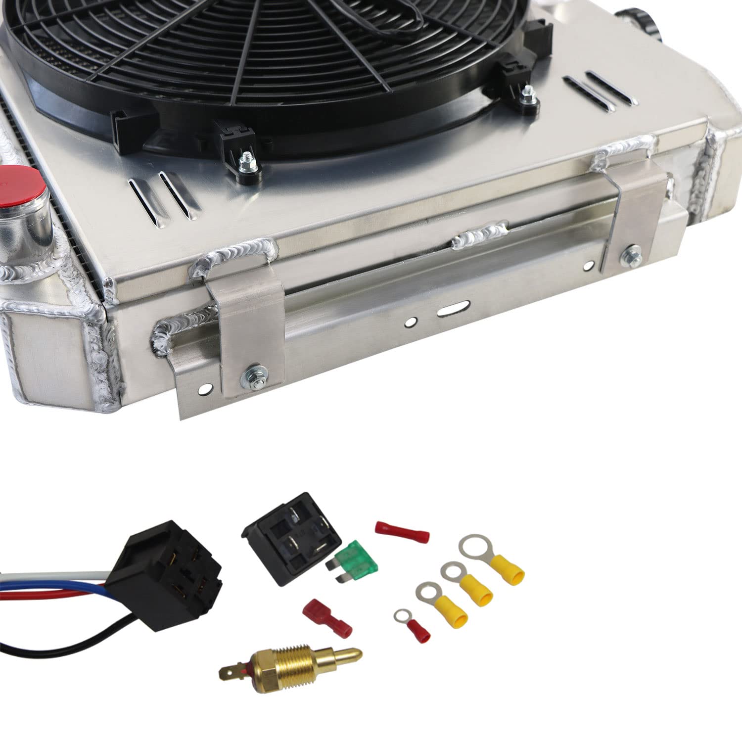 High-Performance 4 Core Aluminum Radiator with Shroud Fan & Relay Kit - Compatible with 1955-1957 Chevy Bel Air & Del Ray V8 - Easy Mounting & US Shipping - Perfect for Classic Car Restoration & Hot Rod Upgrades