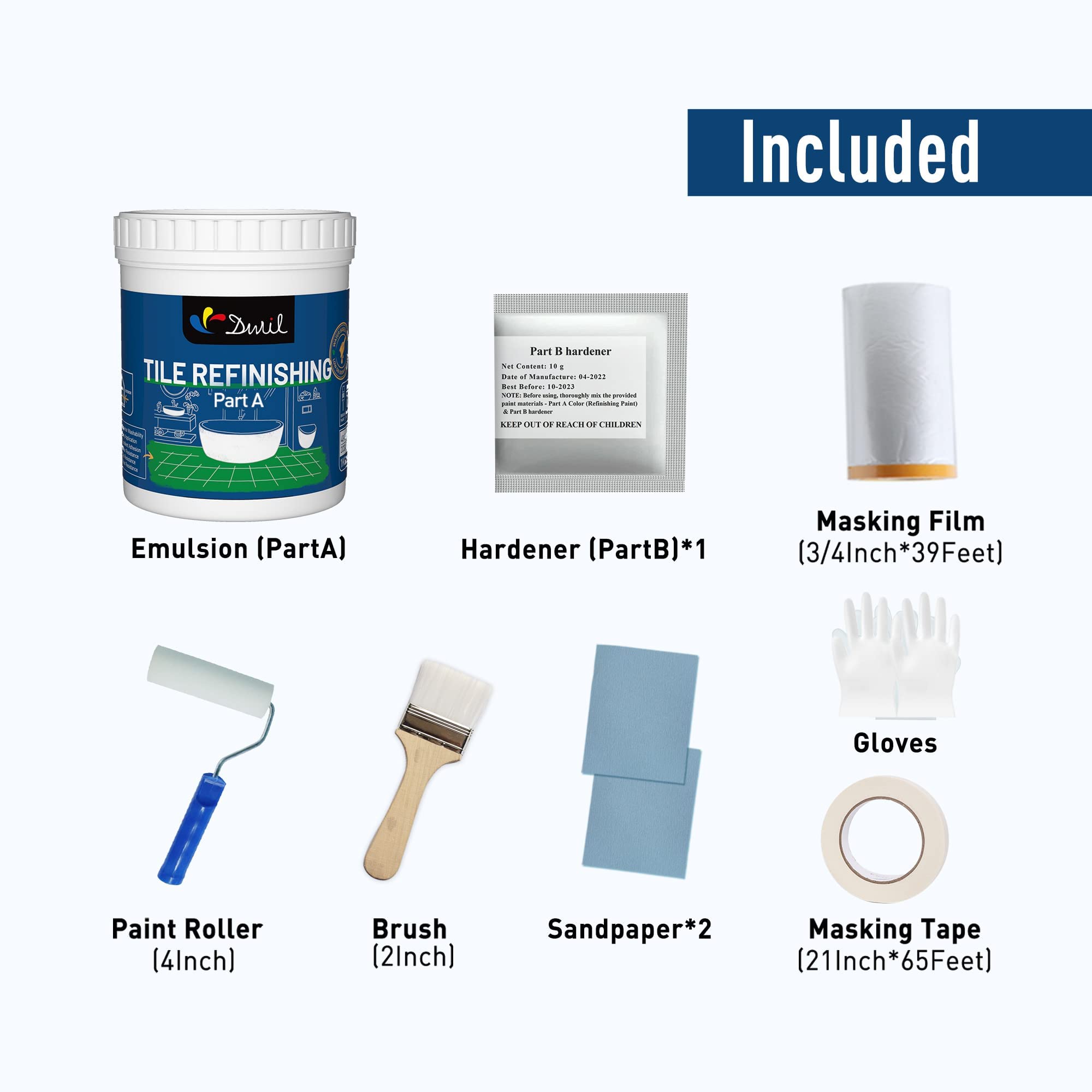 DWIL Tub & Tile Refinishing Kit - Water-Based Low Odor Bathtub Paint for Bathroom & Kitchen - Semi-Gloss White (Covers 25-30 sq.ft) - Includes Tools for Easy DIY Application - Perfect for Updating Old Tubs, Sinks, and Tiles Without Replacement