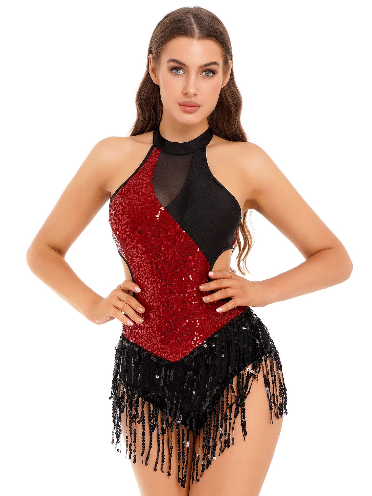 FEESHOW Women's Sequin Fringe Leotard - Shiny Tassel Latin Dance Costume, Jazz Dance Top Bodysuit for Performance, Competition & Stage Shows