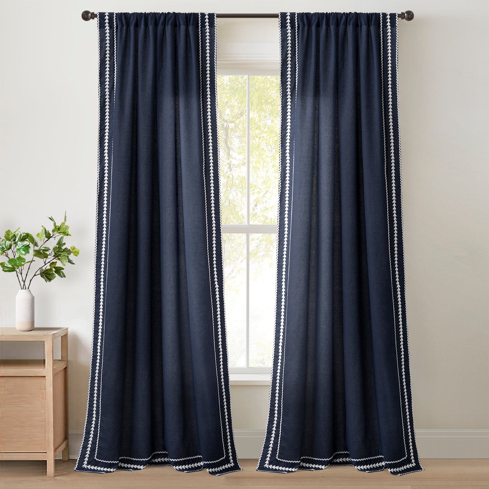 Olivia Ric Rac Embroidery Border Window Curtain Panel - Elegant Lace Trim Sheer Curtains for Living Room, Bedroom & Nursery - Light Filtering Window Treatment with Decorative Embroidery