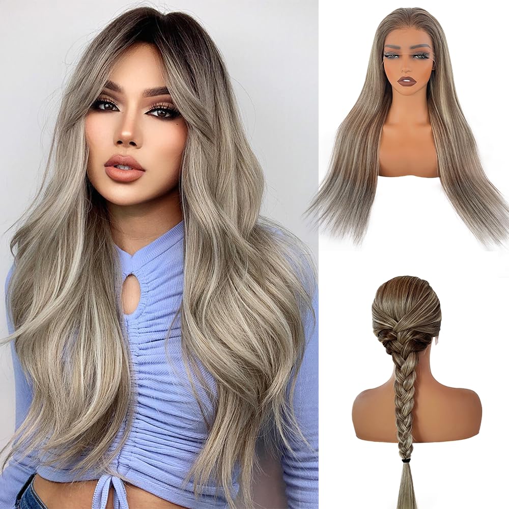 20 Inch Ombre Ash Brown to 613 Blonde Human Hair Wigs with Dark Brown Roots - 13x6 HD Straight Lace Front Wig, Pre Plucked, Glueless, 180% Density - Natural Looking Wigs for Women | Perfect for Daily Wear, Cosplay, Parties & Special Occasions