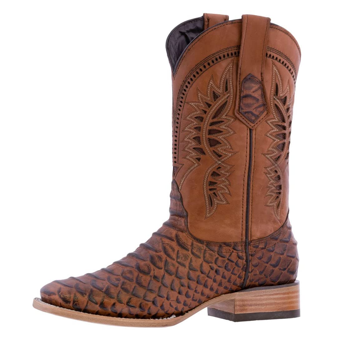 Texas Legacy Men's Cognac Cowboy Boots - Genuine Leather Western Boots with Snake Print & Square Toe for Rodeo, Country Dancing & Outdoor Adventures