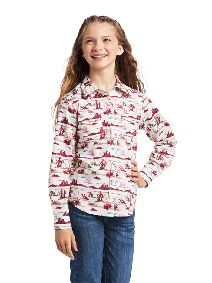 Ariat 10039507 Girls Long Sleeve Snap Shirt with Yuma Landscape Print - Perfect for School, Outdoor Adventures & Western Wear