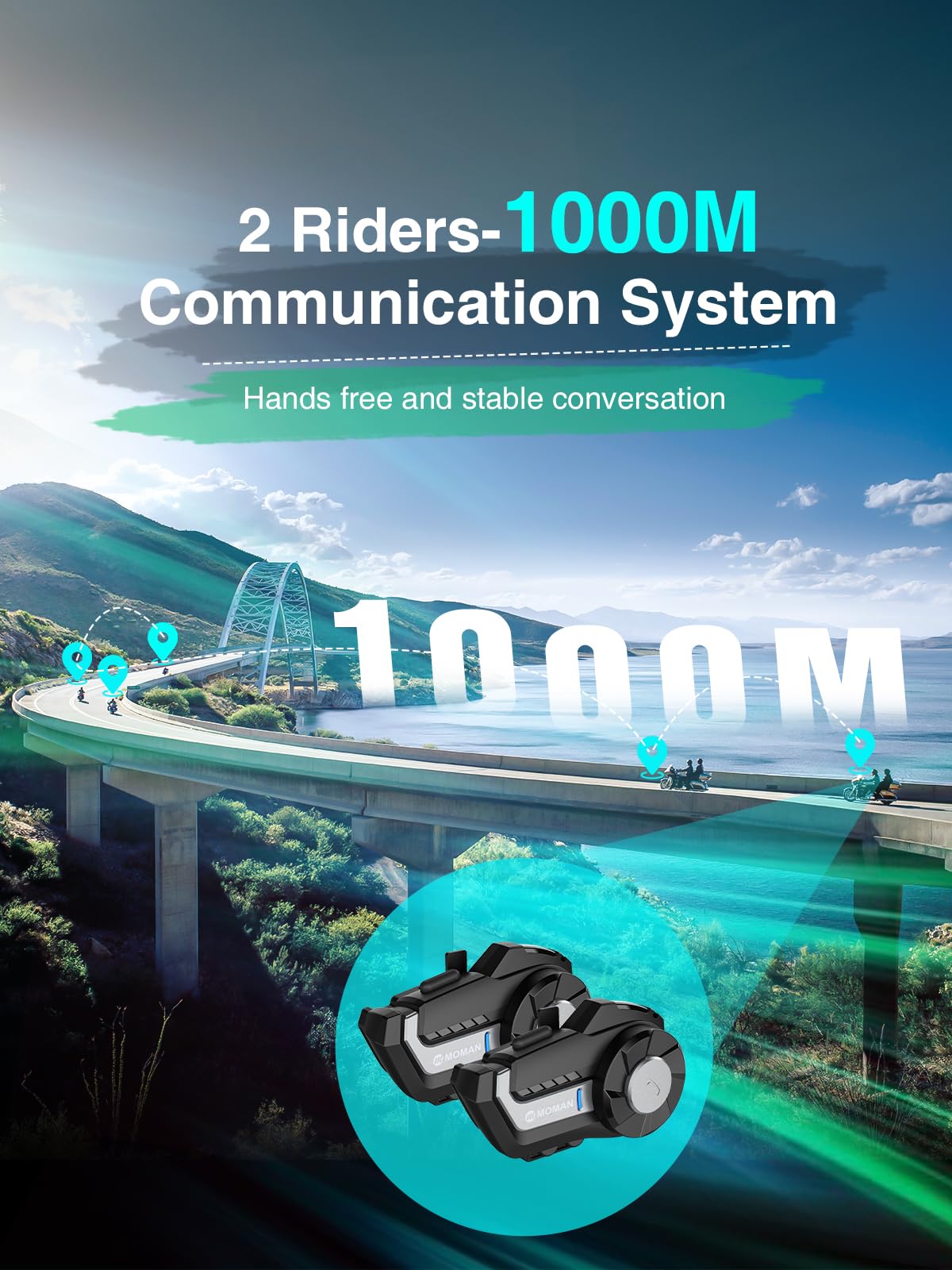**Moman H2 Wireless Motorcycle Helmet Headset [2 Pack, Silver] – 1000M Range, IP65 Waterproof, DSP & CVC Noise Cancellation, FM Radio – Dirt Bike Helmet Communication System for Group Riding & Adventure**    **Usage Scenarios:** Perfect for group motorcycle rides, off-road adventures, touring, and daily commuting with crystal-clear communication.