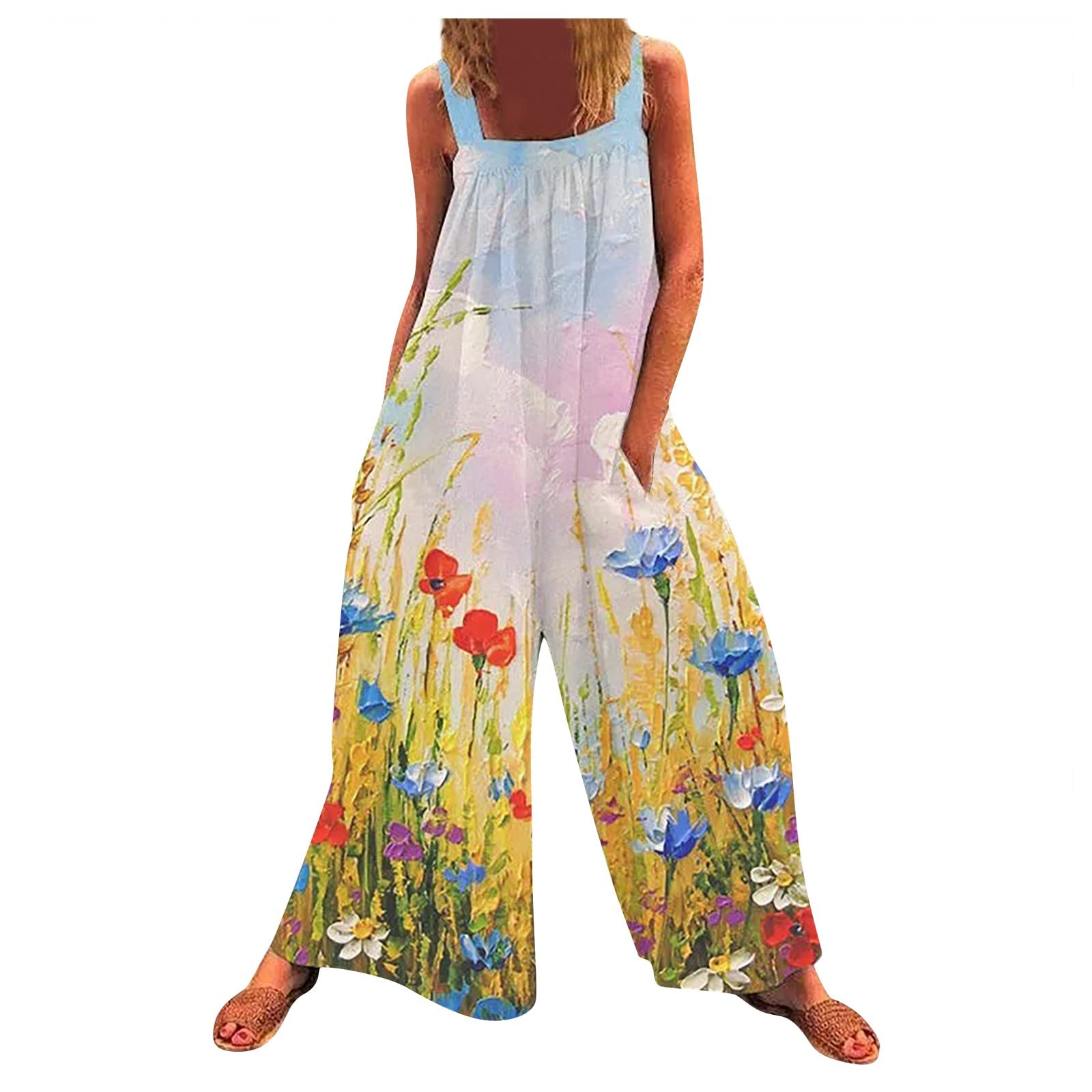 Women's Loose Fit Wide Leg Jumpsuit - Plus Size Summer Overalls with Spaghetti Straps | Casual Outfit for Beach, Vacation & Everyday Wear