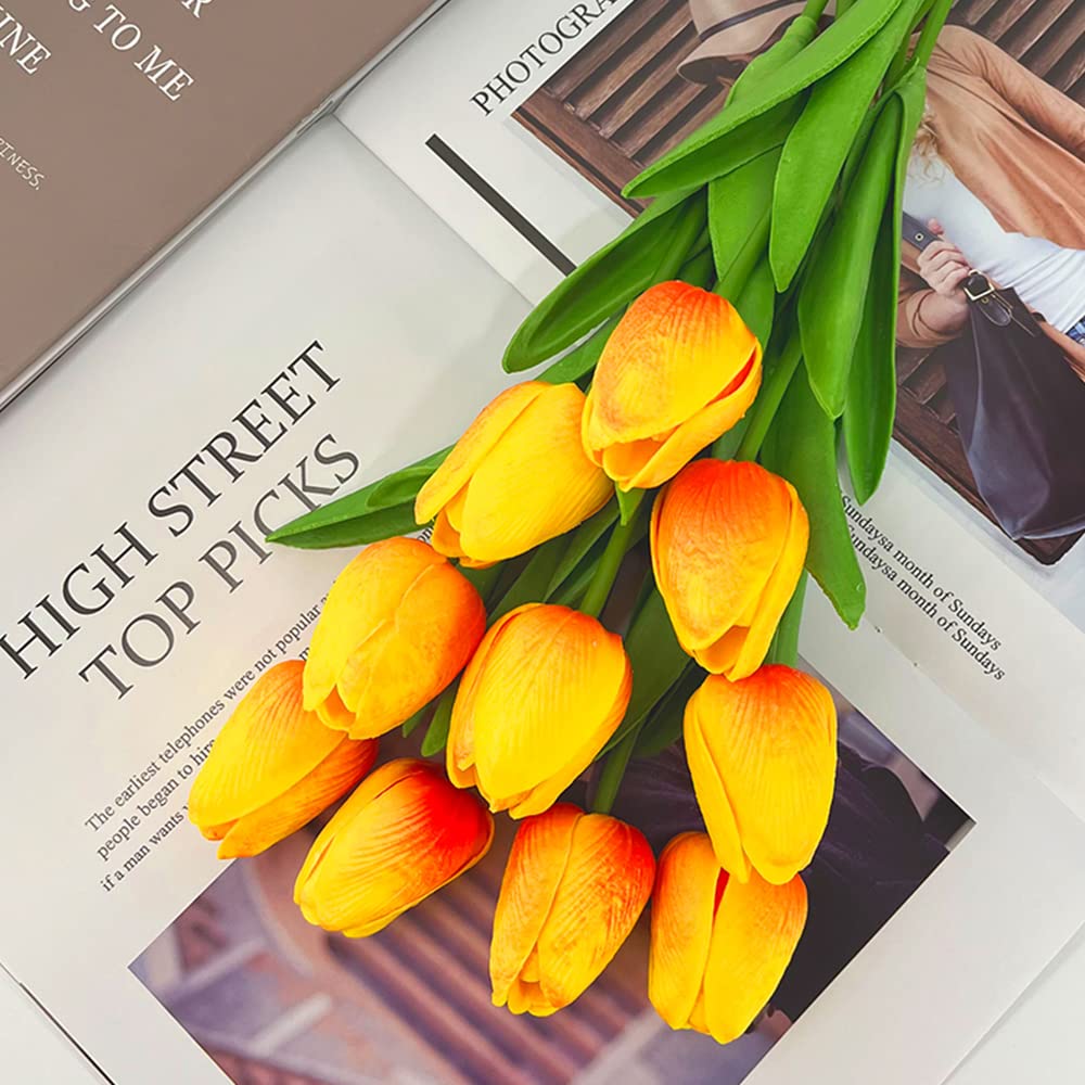 10 Pcs Realistic PU Touch Tulips Artificial Flowers - Orange Fake Tulip Bouquets for Home, Office, Wedding & Party Decorations - Perfect for Centerpieces, Table Arrangements & DIY Crafts