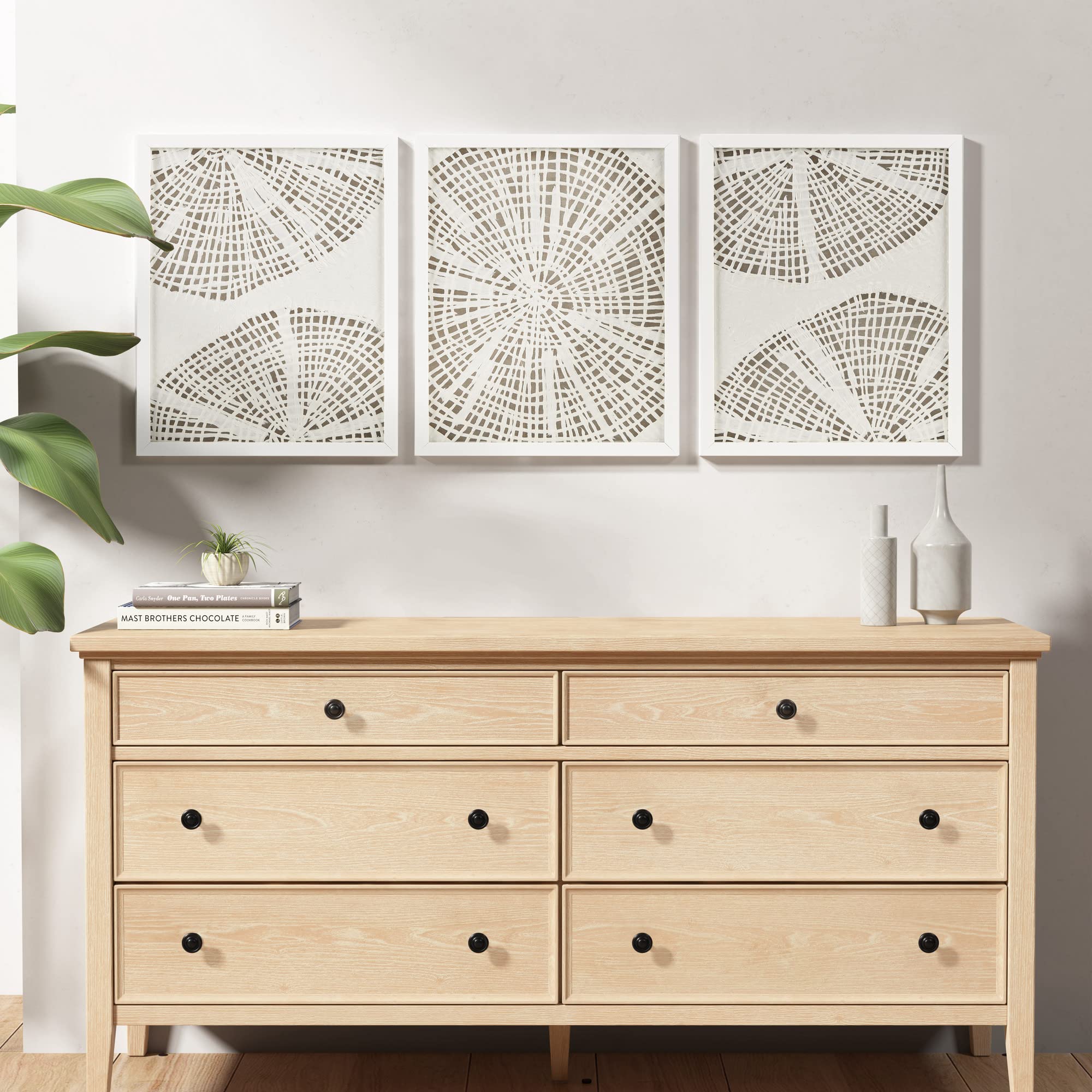 Madison Park Solana Natural Rice Paper Framed Wall Art Set - Handmade Coastal Abstract Lines Design with Glass Front & Wood Shadow Box - Modern Home Decor for Living Room & Bedroom - Ready to Hang 3-Piece Wall Art in Off White - Perfect for Beach House Decor & Contemporary Interior Design