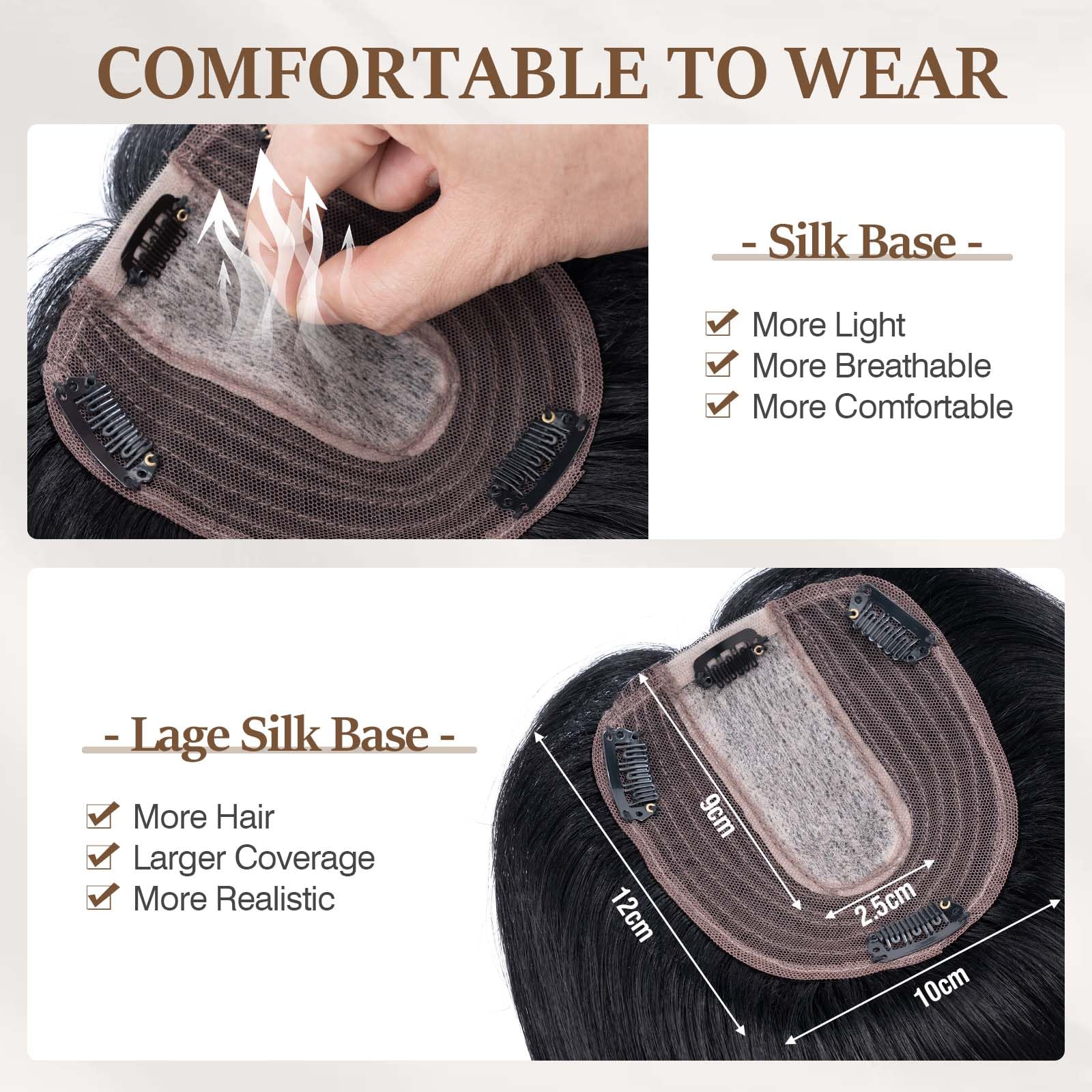 100% Human Hair Toppers for Women - Remy Clip-In Hair Topper with Silk Base for Thinning Hair, 14 Inch Jet Black (#1) | Perfect for Daily Wear, Special Occasions & Hair Volume Enhancement