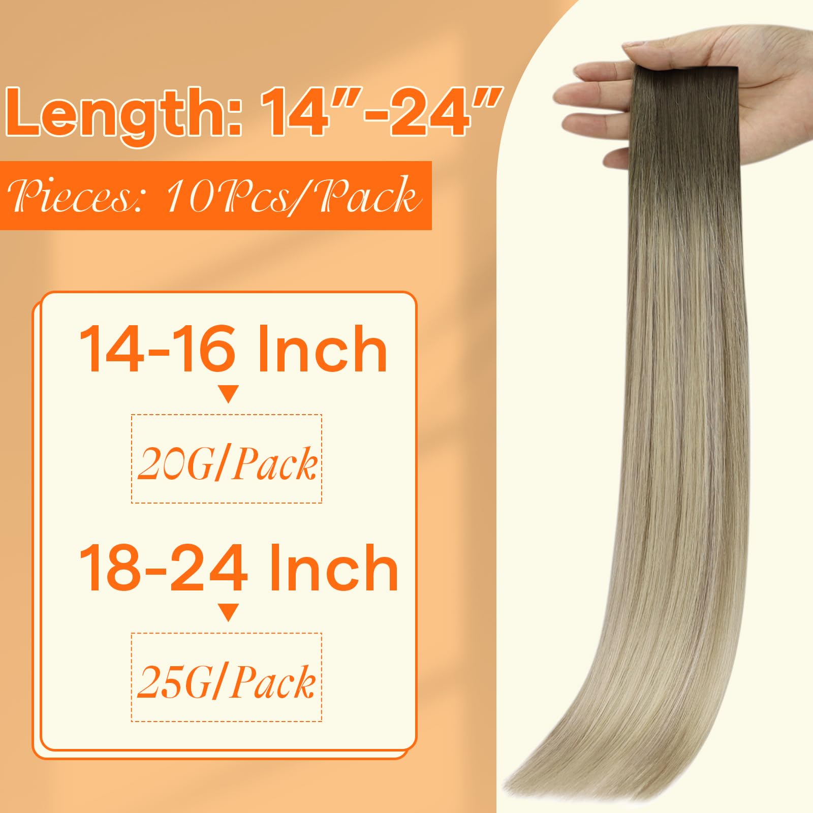 Full Shine Virgin Tape-in Hair Extensions 18 Inch - Double Sided Invisible Tape Extensions for Blonde & Brown Balayage - 100% Human Remy Hair - 25g (10 Pieces) - Perfect for Daily Wear, Parties & Special Occasions