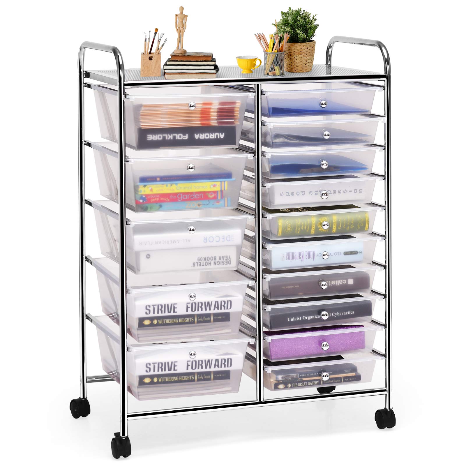 GOFLAME 15-Drawer Rolling Storage Cart - Multipurpose Mobile Organizer with Wheels for Home Office School Organization - Clear Plastic Utility Cart for Craft Supplies, Makeup, Tools & Office Accessories