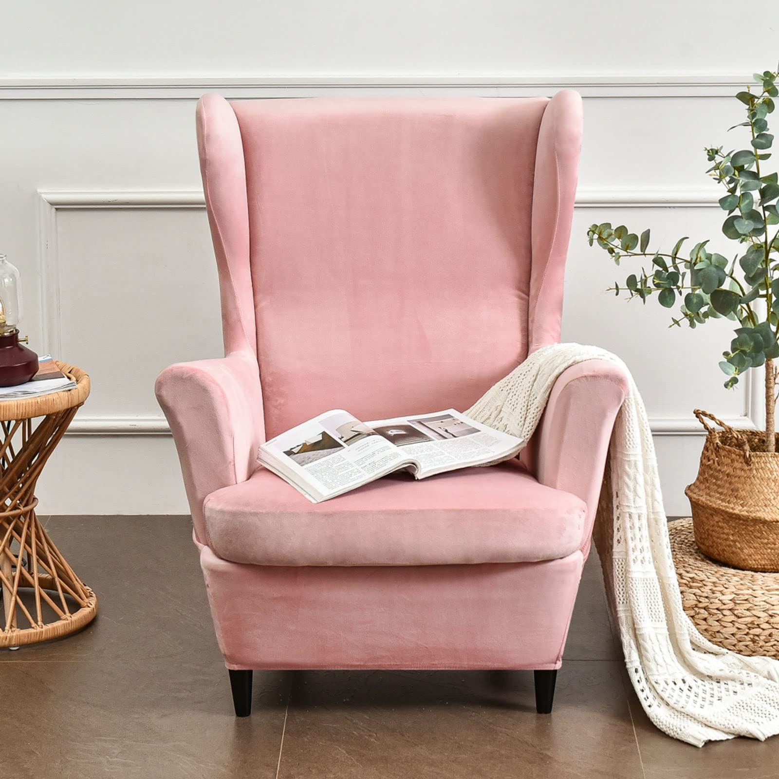 Velvet Stretch Wing Chair Slipcover - 2 Piece Wingback Chair Cover with Elastic Bottom, Soft Armchair Protector for Living Room, Bedroom, Office - Pink Wing Chair Slipcover for Home Decor & Comfort