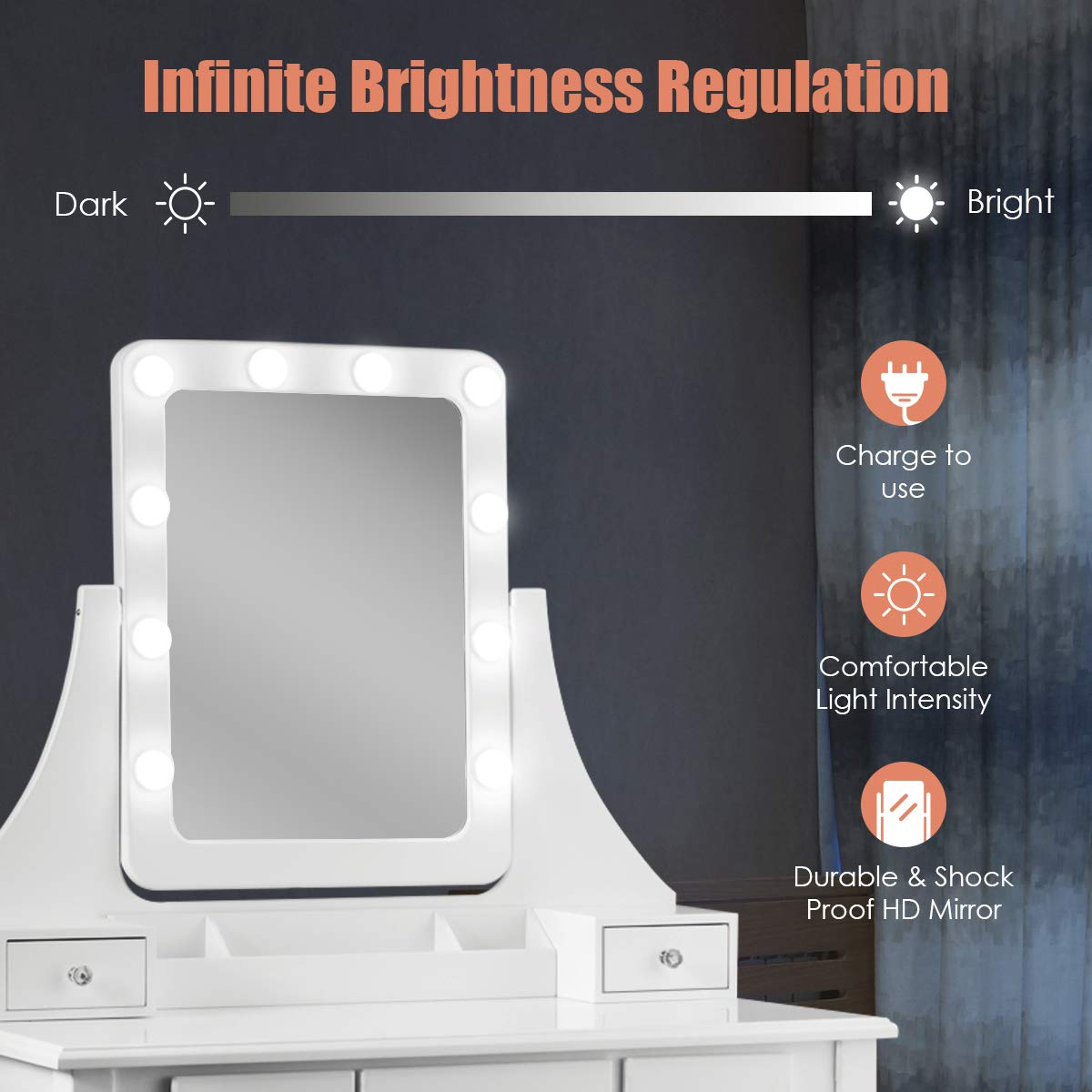 MAT EXPERT Vanity Set with Lighted Mirror & Drawers - Modern Dressing Table with Cushioned Stool, 360° Rotatable Mirror & 10 LED Lights - White Makeup Vanity for Bedroom, Perfect for Applying Makeup, Skincare & Hair Styling