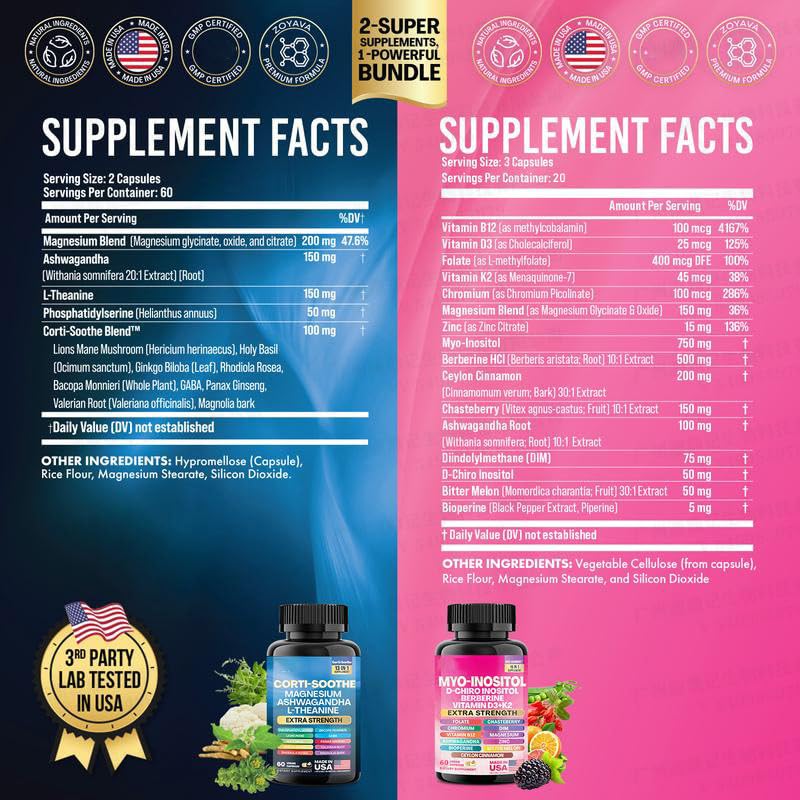Cortisol Support & Myo-Inositol Multivitamin Combo - 200mg Magnesium Glycinate, 150mg L-Theanine, Ashwagandha & Phosphatidylserine Stress Relief Supplement - Herbal Blend with Berberine for Anxiety & Sleep Support - Perfect for Daily Stress Management & Relaxation
