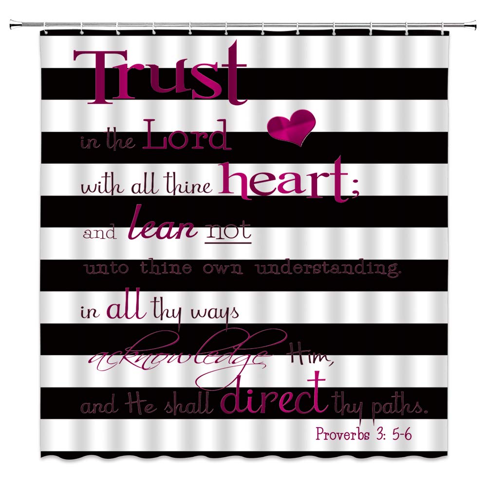 AMHNF Inspirational Quote Shower Curtain - Pink Motivational Proverbs 'Trust in The Lord' Vintage Bathroom Decor with Hooks | Black & White Striped Fabric for Home, Spa & Gift Ideas