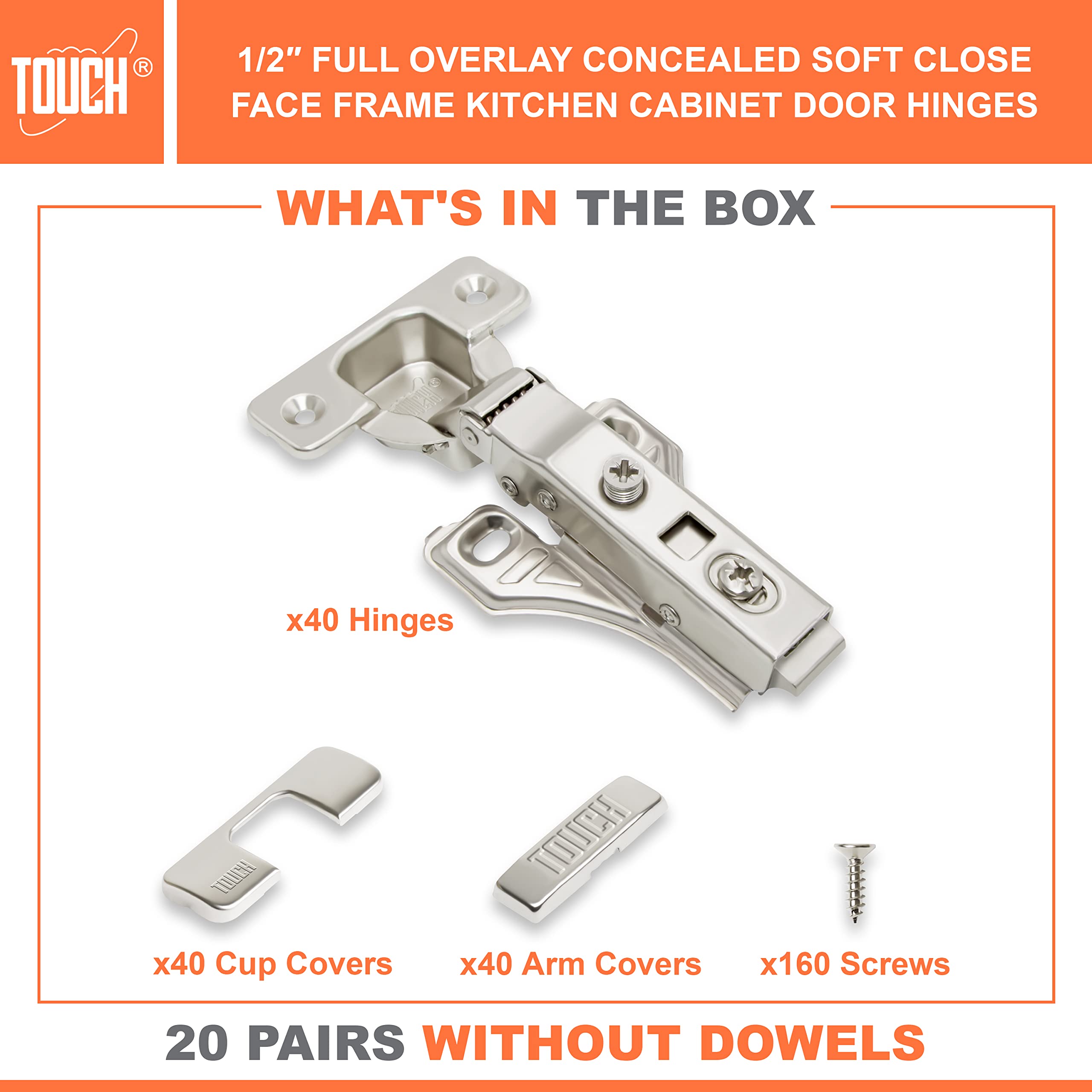 TOUCH Euro Style Cabinet Hinges - 20 Pairs (40 PCS) 1/2 Inch Face Frame Soft Close Nickel Plated Steel Hinges for Kitchen Cabinets, Bathroom Vanities & Furniture Installation