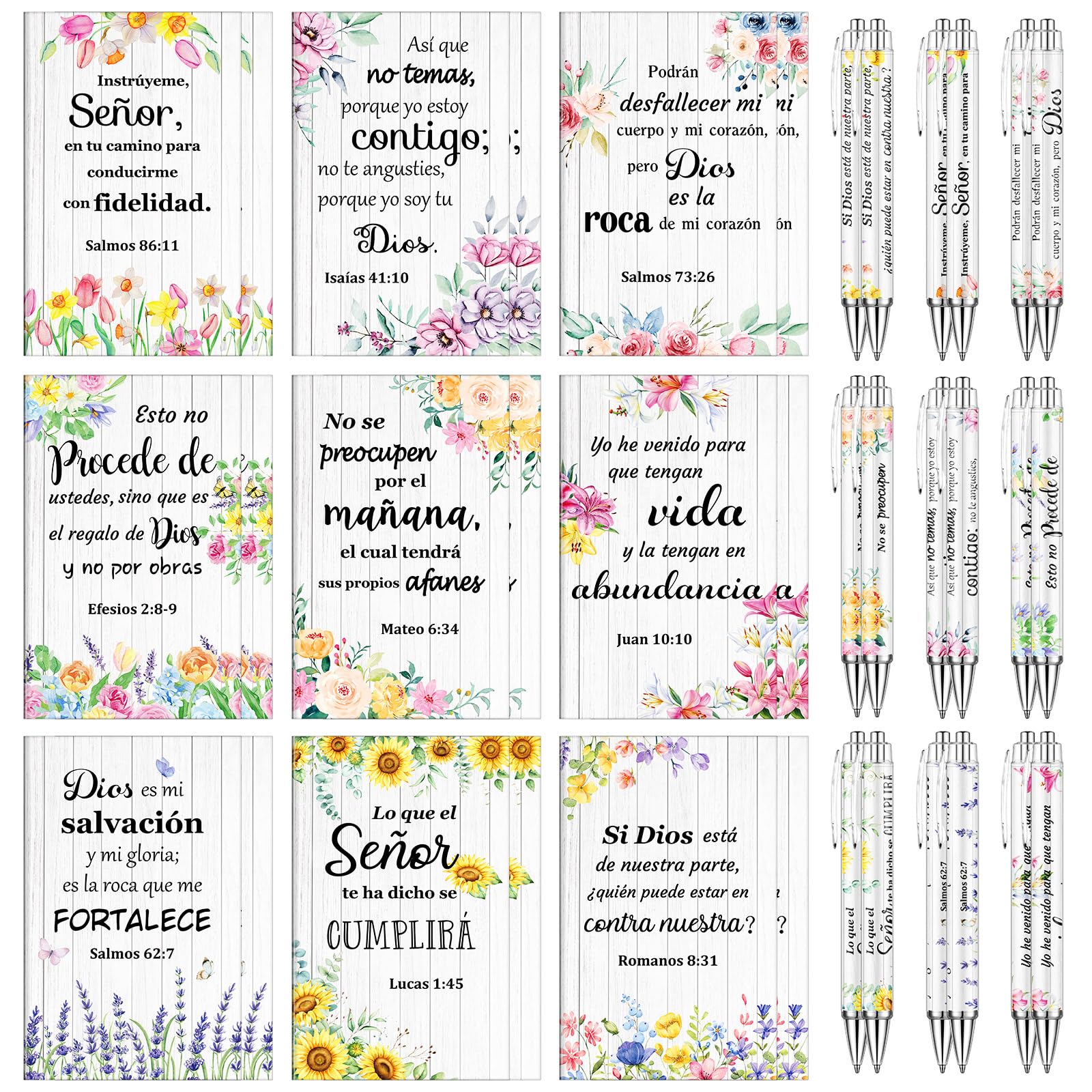 36 Pcs Spanish Christian Notebook and Pen Set with Floral Scripture Design - Religious Gifts for Women, Bible Quote Notepads, Church Favors - Perfect for Bible Study, Prayer Journaling & Sunday School Gifts