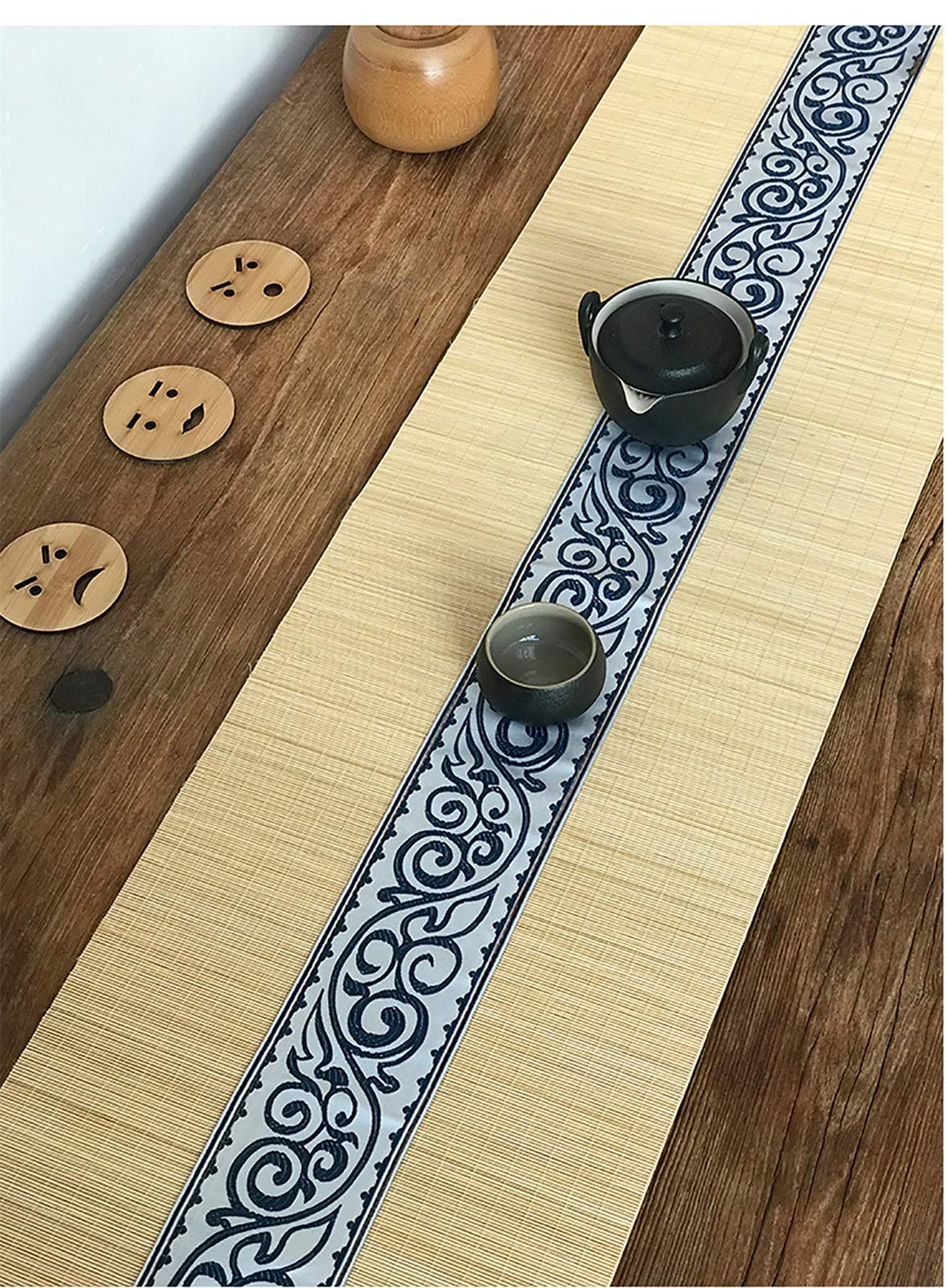 Handmade Bamboo Blue Floral Table Runner - Japanese Style Waterproof & Heat Resistant Dining Placemat (40×330cm) for Kitchen, Party Decor & Home Dining Protection