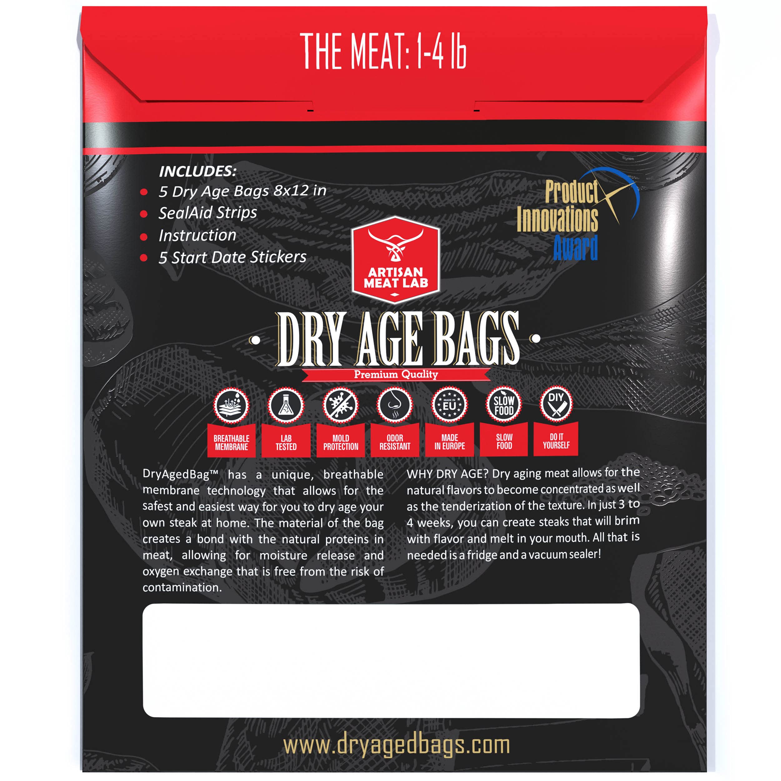 Dry Aging Bags for Meat - 5 Pack (8x16 inch / 20x40cm) - No Vacuum Sealer Needed - Breathable Membrane for Home Dry Aging 1-5lb (Up to 2.5kg) Steaks - Perfect for Enhancing Flavor & Tenderness in Beef, Steak & Roasts