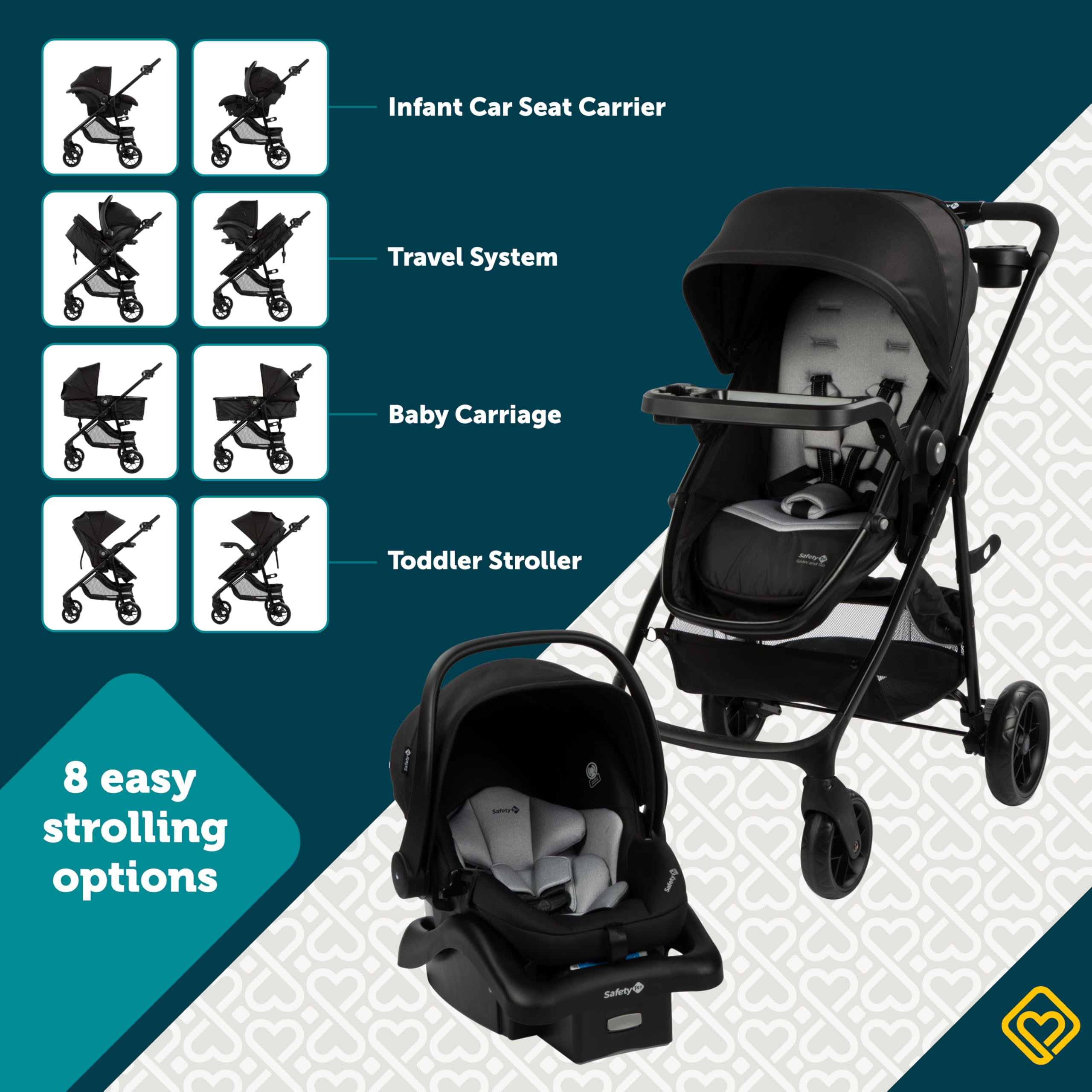 Safety 1st Grow and Go Flex 8-in-1 Convertible Car Seat & Stroller Combo for Infants 4-30 lbs | Lightweight Travel System with Adjustable Canopy & Cup Holder | Perfect for Daily Walks, Shopping & Family Outings - Forest Tide