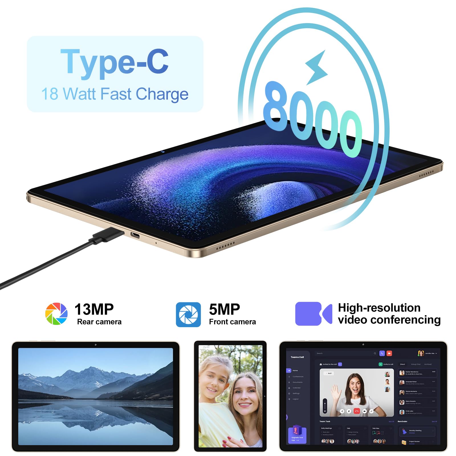 11 Inch Android 14 Tablet with Widevine L1, 8000mAh Battery & 18W Fast Charging, 13MP+5MP Camera, 20GB RAM+128GB ROM (Expandable to 1TB), 5G WiFi, GPS, Octa-Core 2.0GHz, Face ID, 1280x800 HD Display - Gold - Perfect for Streaming, Gaming & Remote Work