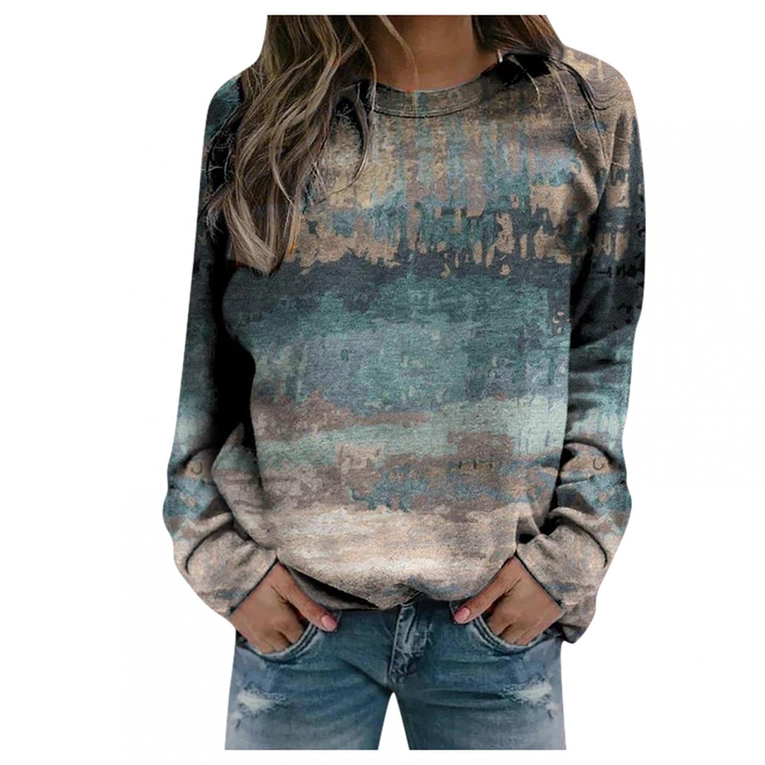 HCNTES Women's Long Sleeve Tie-Dye Print Sweatshirt - Thermal Crewneck Loose Pullover Top for Casual Wear, Fall & Winter Fashion, Layering Outfits