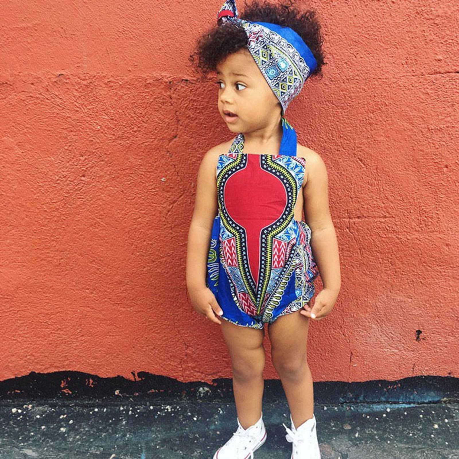 African Ankara Dashiki Baby Girl Romper - Sleeveless Traditional Jumpsuit with Headband | Newborn Spring Outfit in Blue | Perfect for Photoshoots, Christenings & Special Occasions