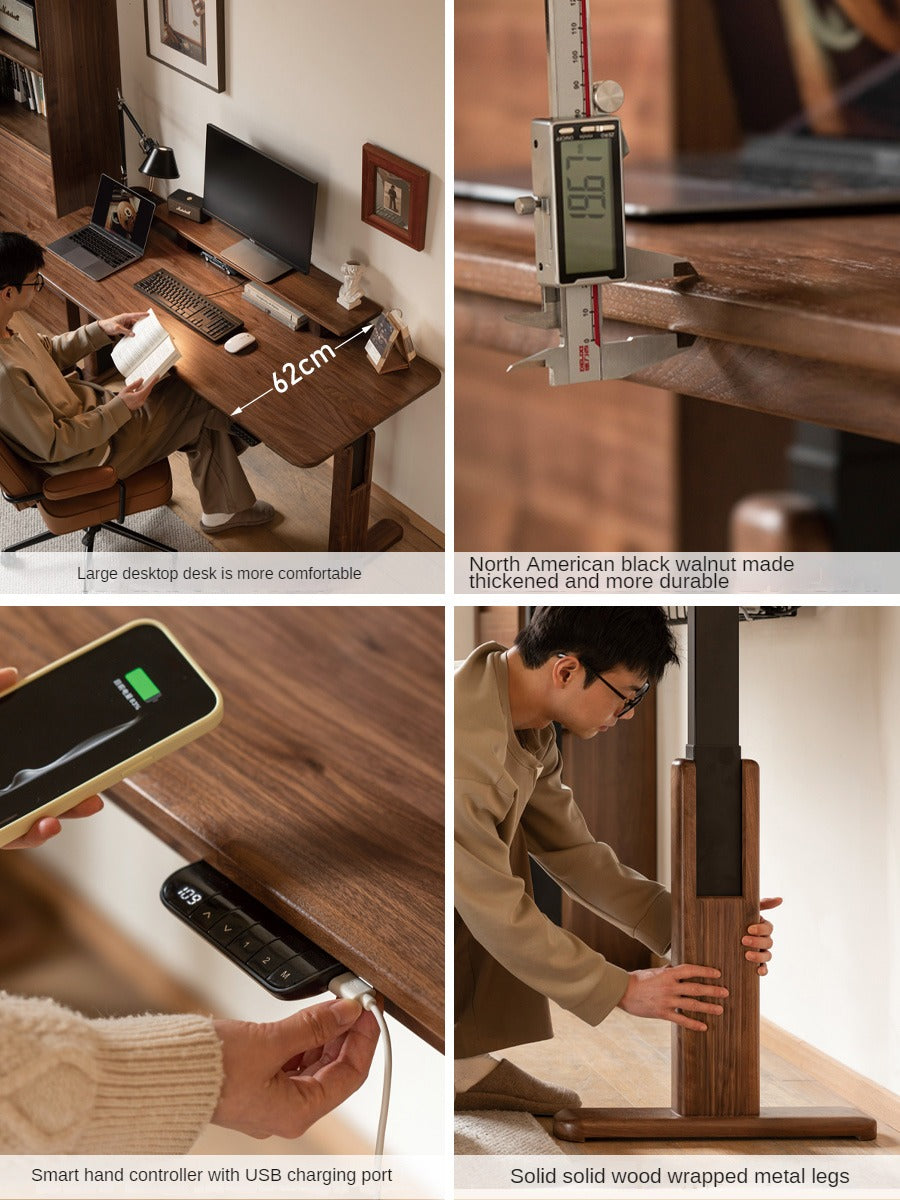 Black Walnut Solid Wood Electric Standing Desk - Adjustable Height Home Office Desk for Work & Study - Ergonomic Sit to Stand Desk for Computer, Laptop & Gaming Setup