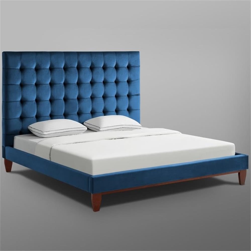 Blake Button-Tufted Velvet Queen Bed Frame - Luxurious Blue Upholstered Bed with Wooden Legs | Perfect for Master Bedroom, Guest Room & Modern Home Decor