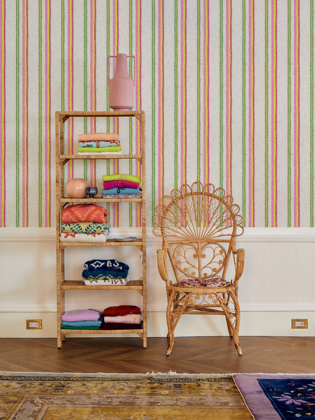 Lingua Franca 'Life is a Banquet' Striped Wallpaper - Pink and Yellow Floral Pattern | Perfect for Bedroom, Living Room & Nursery Decor