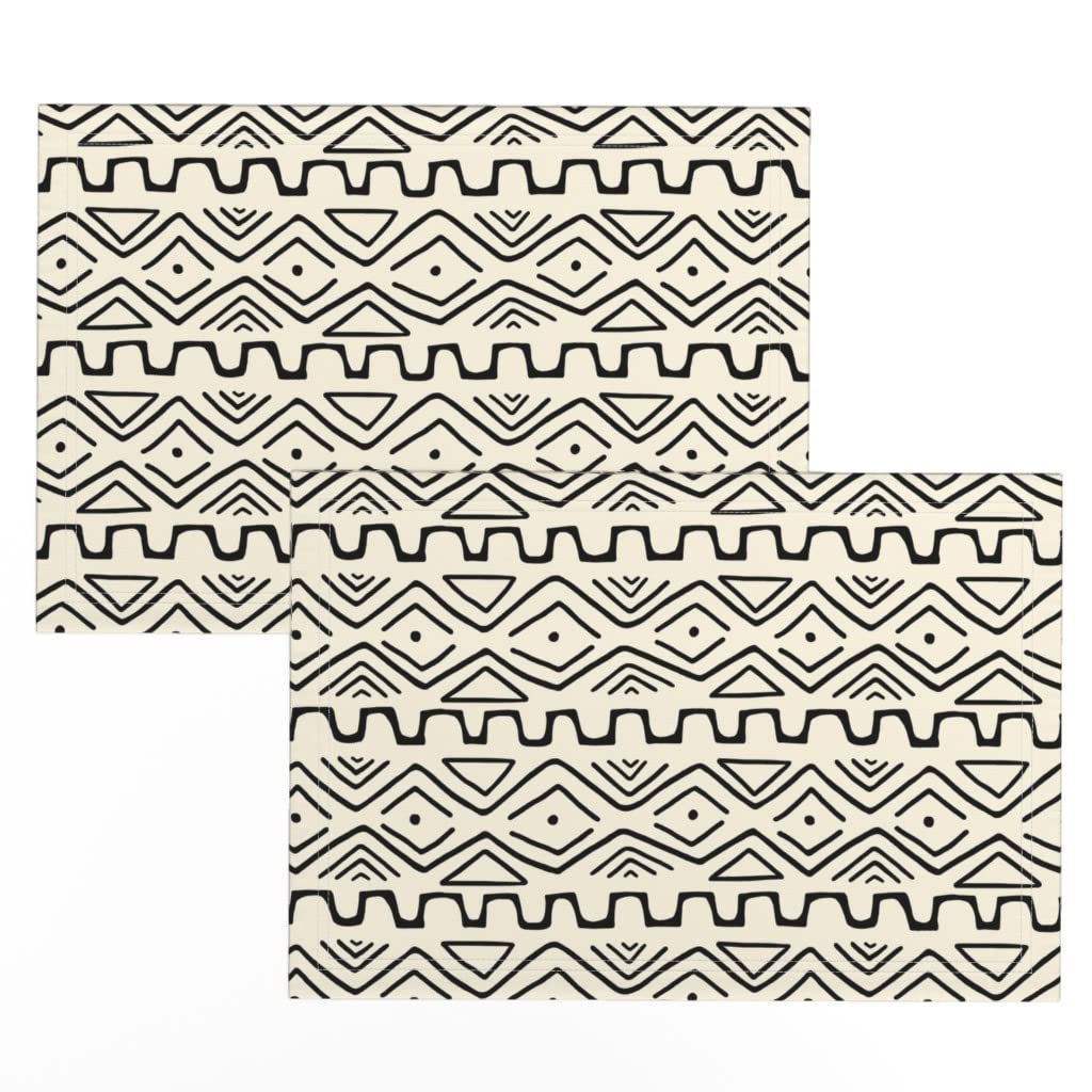 Bohemian Mudcloth Cream Placemats Set of 2 - African Inspired Black Geometric Print Linen Cotton Canvas Table Mats for Dining Room, Kitchen & Boho Home Decor