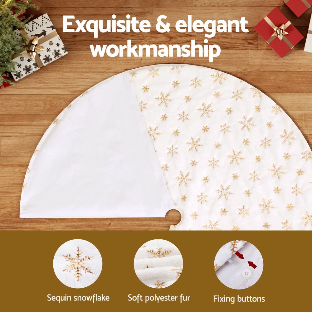 90cm Christmas Tree Skirt with Snowflake Ornaments - Holiday Xmas Decorations for Home, Party & Festive Celebrations