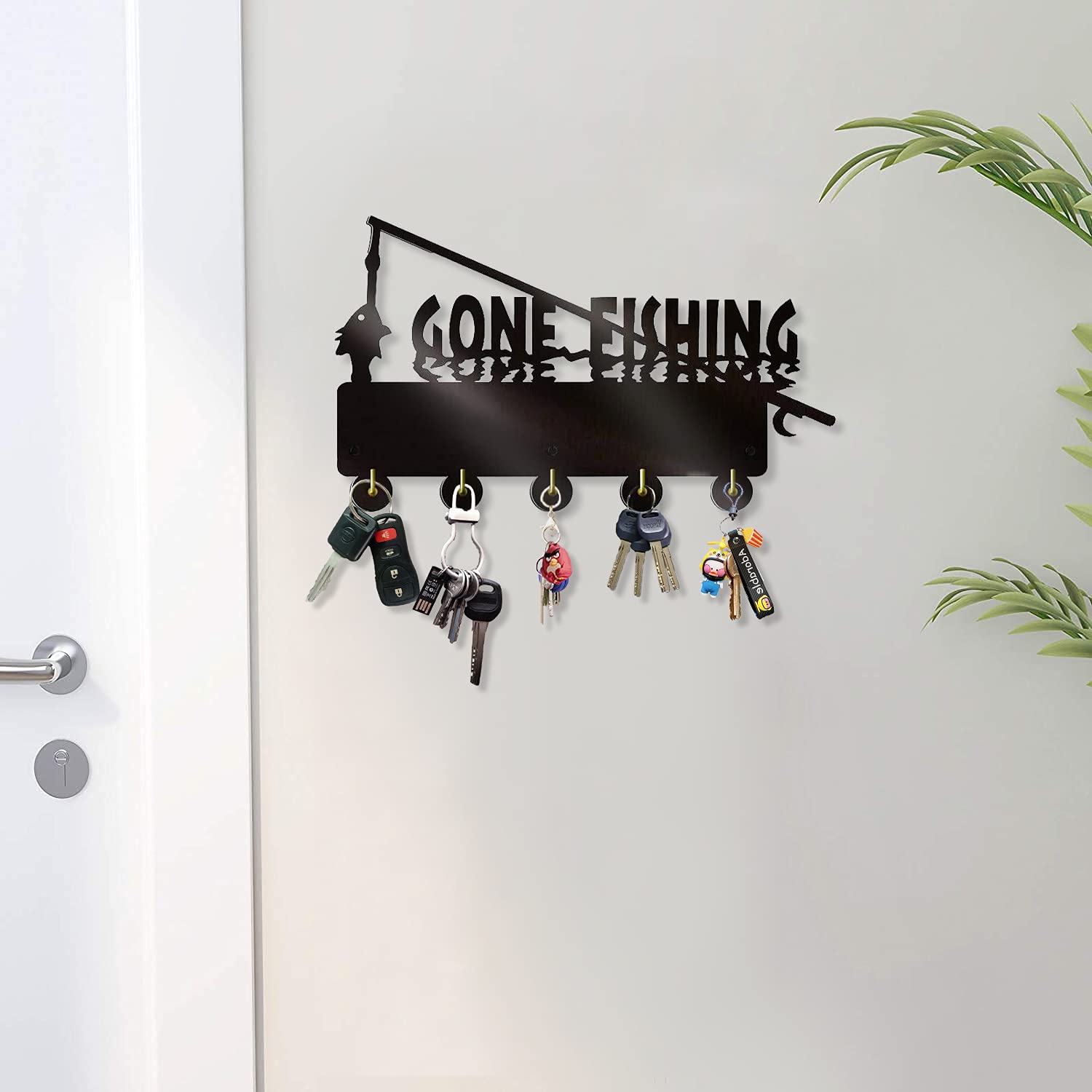 KingLive Wooden Wall Key Holder with 5 Metal Hooks - Black Fishing-Themed Key Organizer for Home & Office | Perfect Gift for Fishing Enthusiasts | Ideal for Entryway, Mudroom, or Cabin Decor