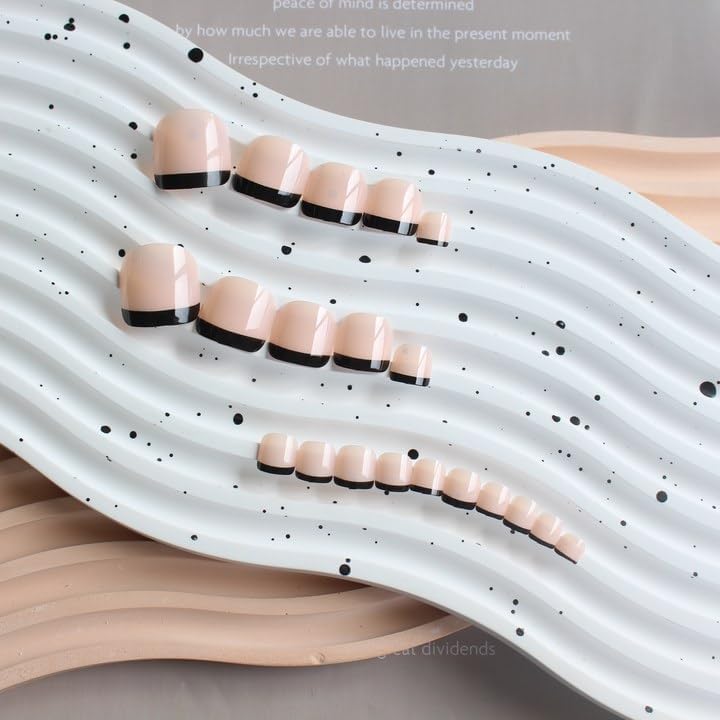 Black French Tip Press on Toenails for Women - Glossy Fake Short Square Acrylic Toe Nails | Reusable & Natural Seamless Fit | 24Pcs with Glue | Perfect for Pedicures, Parties & Everyday Wear