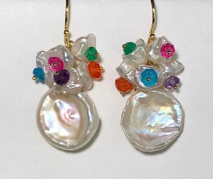 Keishi Pearl & Multicolor Gemstone Cluster Earrings | Handmade Boho Jewelry for Women | Perfect for Weddings, Parties & Everyday Wear