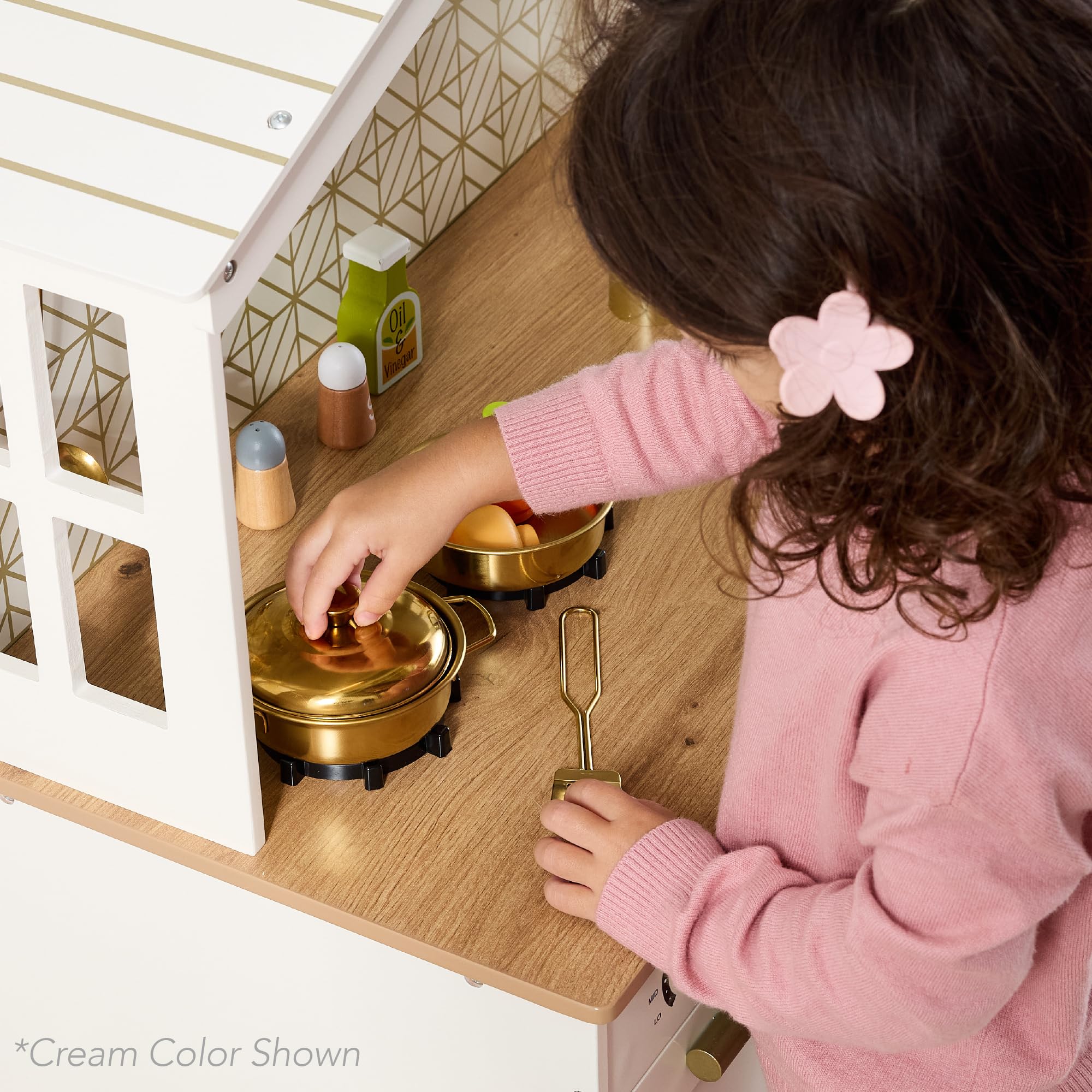 Best Choice Products Wooden Farmhouse Pretend Play Kitchen Set for Kids - Toy Storage, Clicking Knobs, Windows & 5 Accessories - Beveled White | Perfect for Imaginative Play, Preschool Learning & Toddler Role-Playing Games