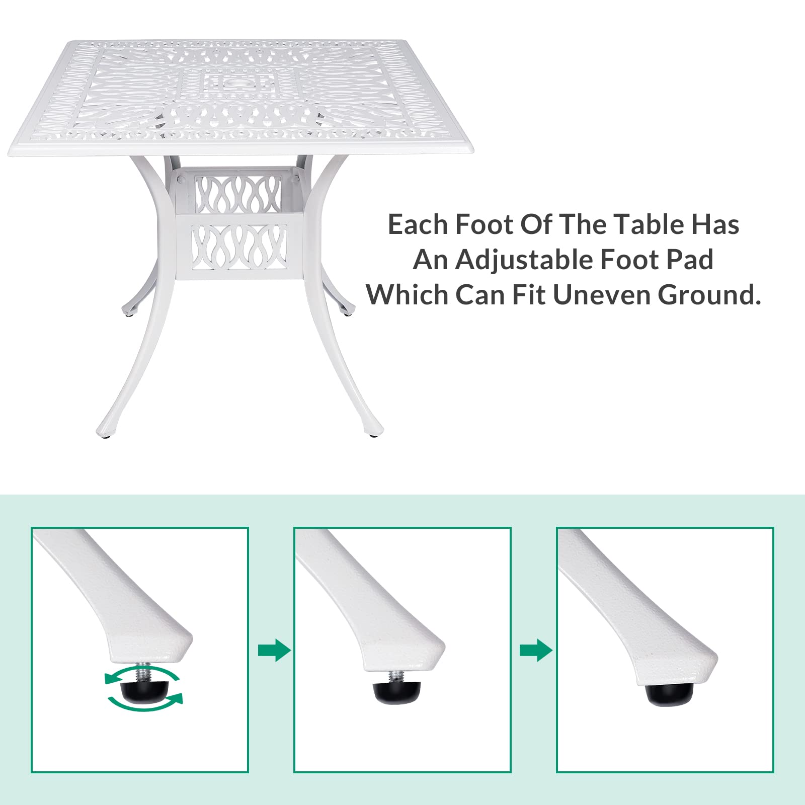 VIVIJASON 35.4 Inch Square Outdoor Patio Dining Table - White Rustic Cast Aluminum Furniture with Umbrella Hole - Perfect for Backyard, Garden, Poolside & Outdoor Entertaining