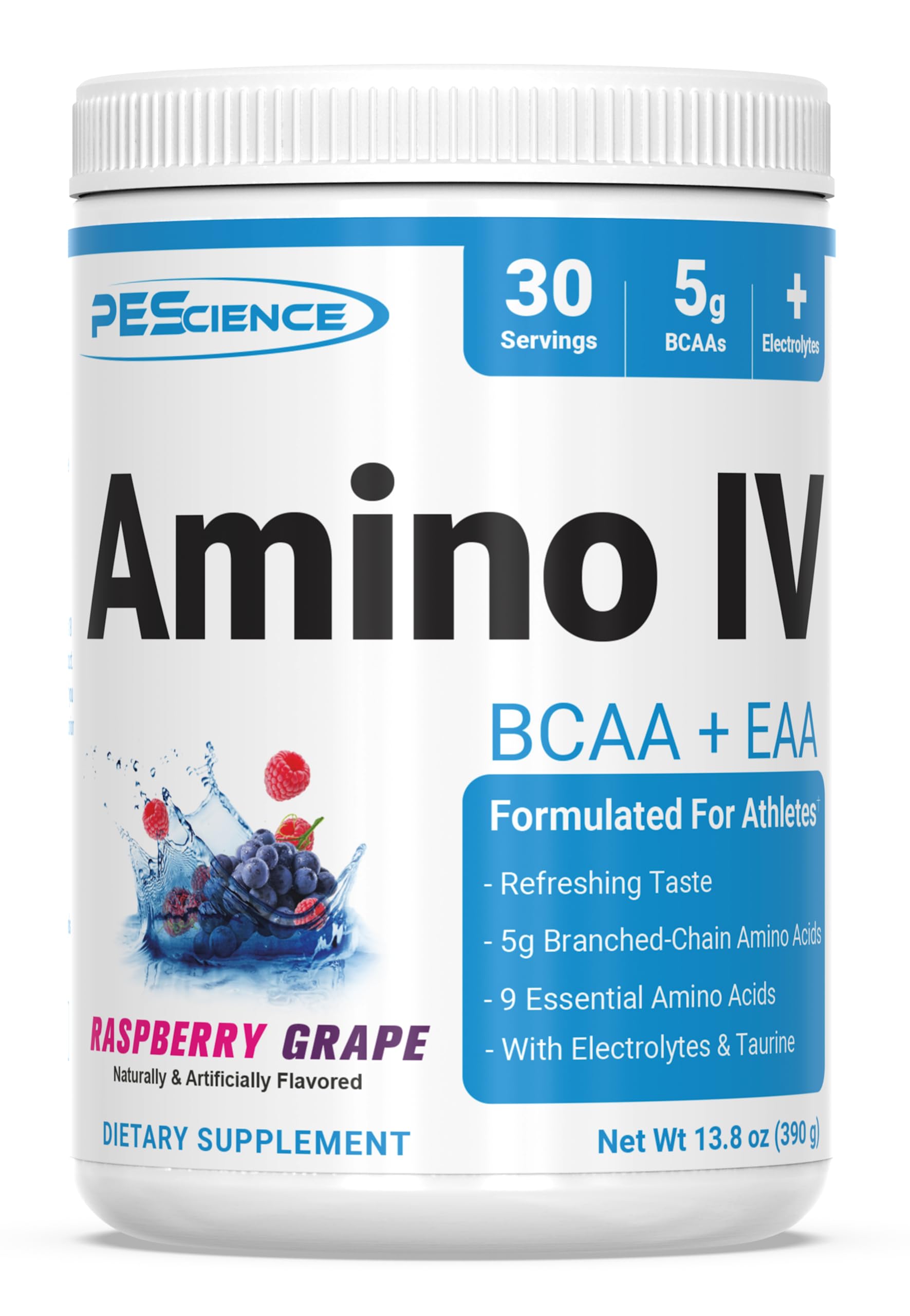 PEScience Amino IV BCAA & EAA Powder - Raspberry Grape Flavor, 60 Servings | Essential Amino Acids, Taurine & Electrolytes for Hydration | Sugar Free Muscle Recovery Supplement for Men & Women | Post Workout & Fitness Nutrition | Ideal for Gym, Running & Athletic Performance
