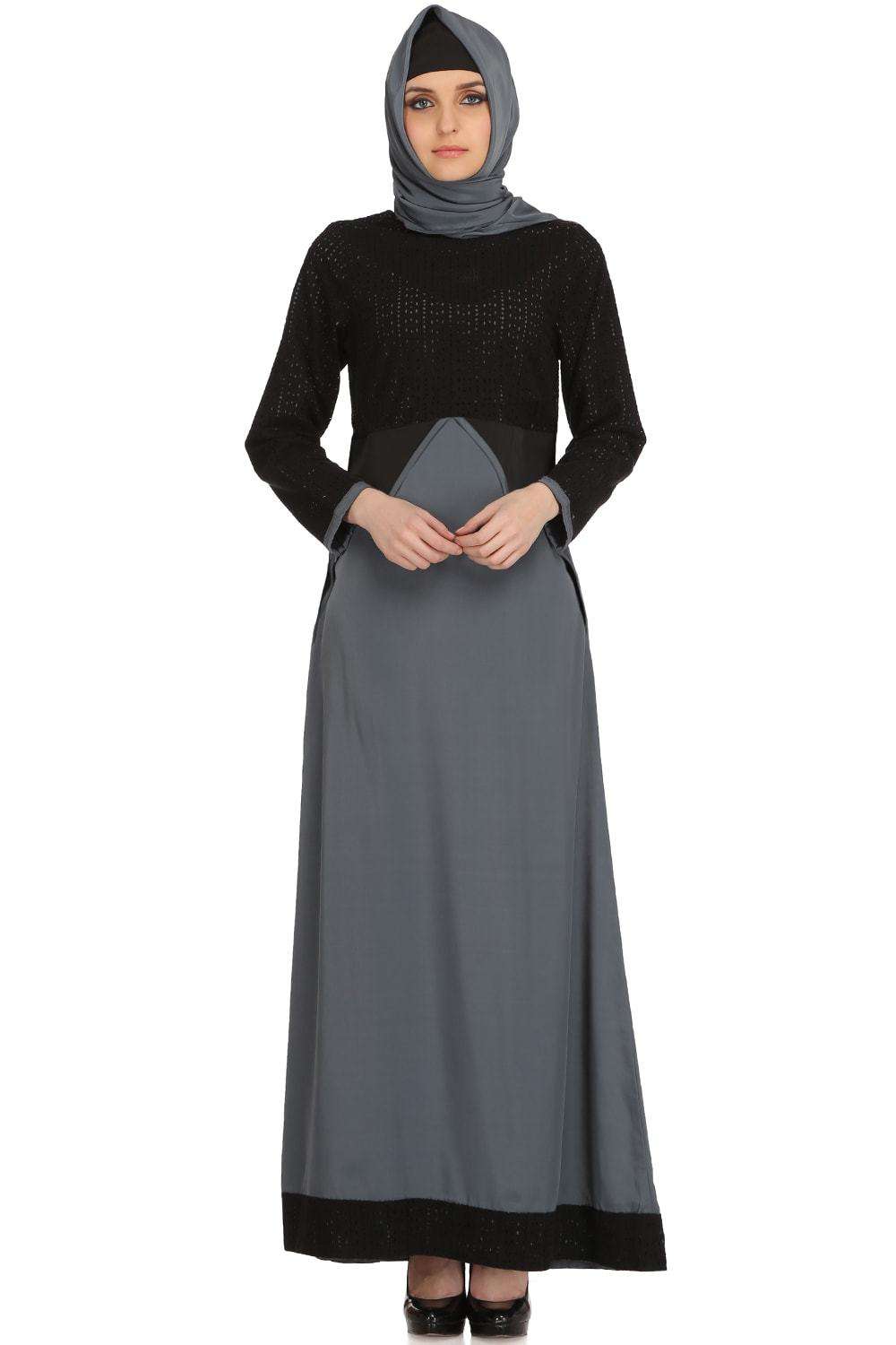 Elegant Black & Grey Schiffli Crepe Abaya Dress for Women - Modest Islamic Prayer Dress for Mosque & Special Occasions
